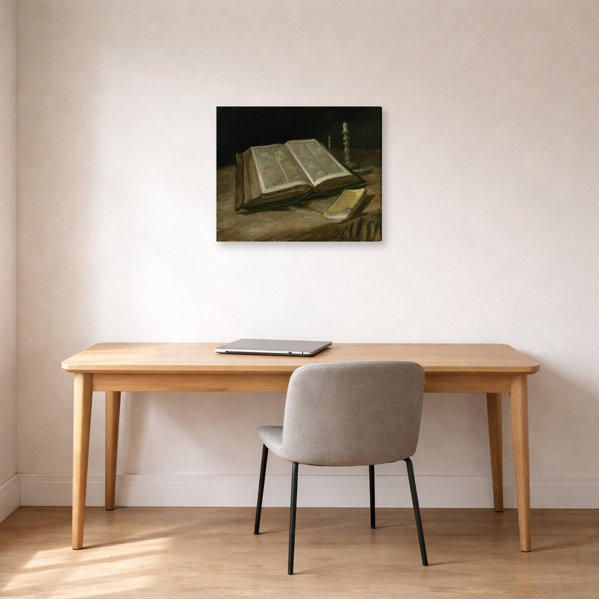 Gallery-wrapped canvas print of Vincent van Gogh's Still Life with Bible displayed on a wall in a home office