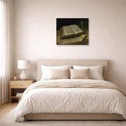 Unframed poster print of Vincent van Gogh's Still Life with Bible displayed on a wall in a bedroom