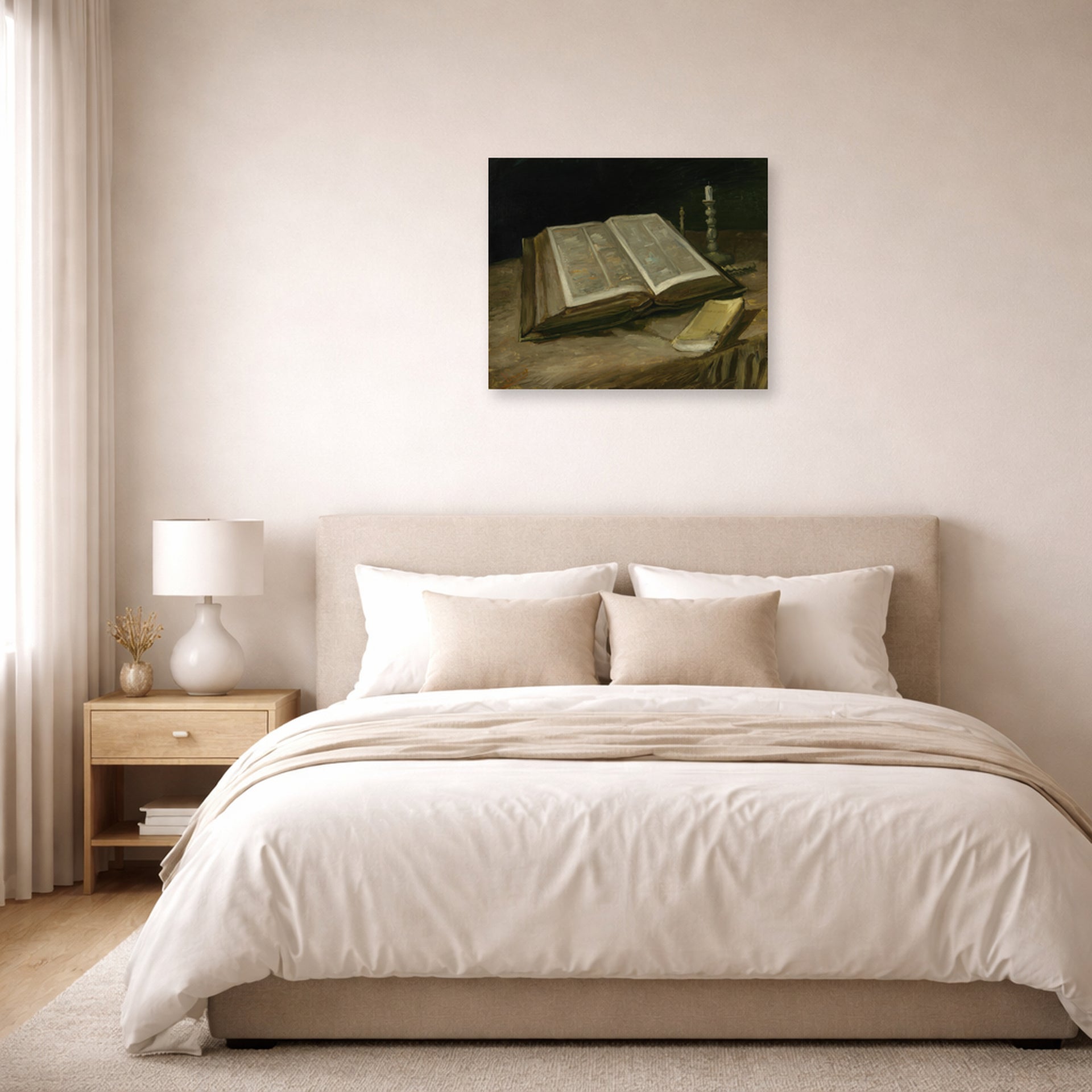 Unframed poster print of Vincent van Gogh's Still Life with Bible displayed on a wall in a bedroom