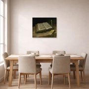 Unframed poster print of Vincent van Gogh's Still Life with Bible displayed on a wall in a dining room