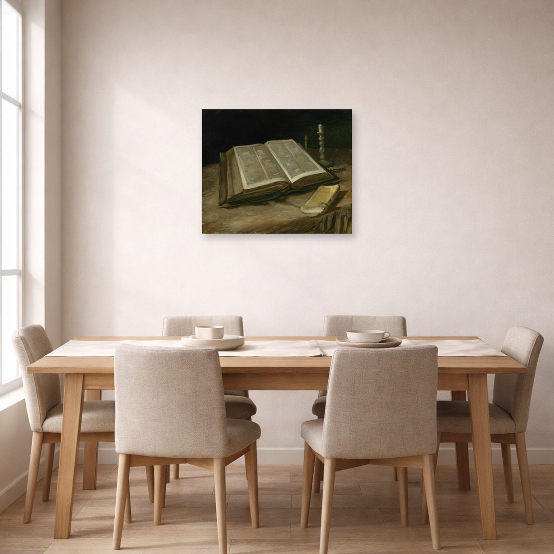 Unframed poster print of Vincent van Gogh's Still Life with Bible displayed on a wall in a dining room