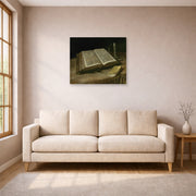 Unframed poster print of Vincent van Gogh's Still Life with Bible displayed on a wall in a living room