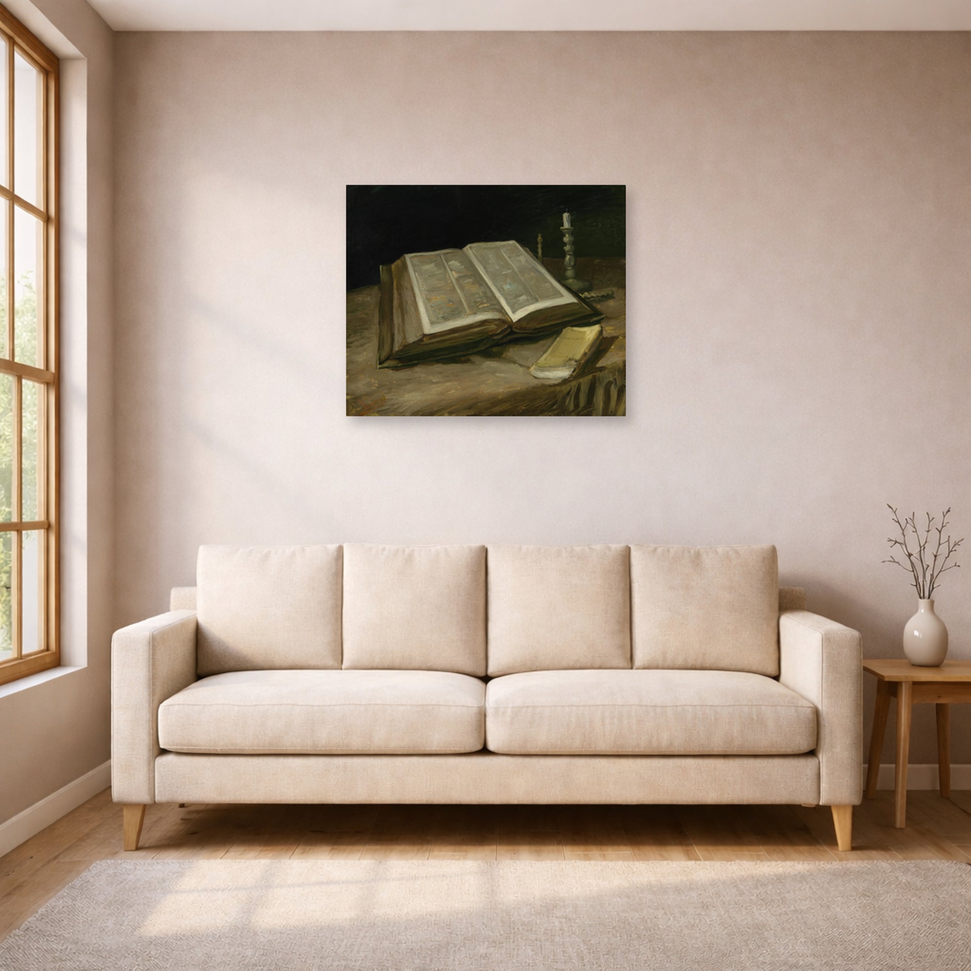 Unframed poster print of Vincent van Gogh's Still Life with Bible displayed on a wall in a living room