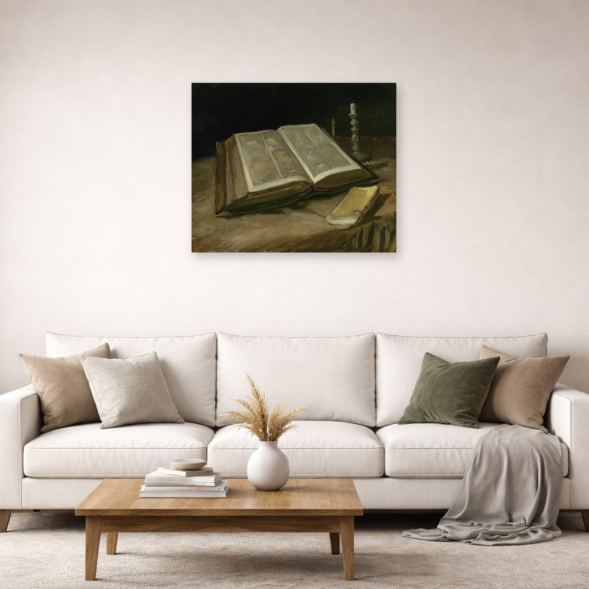 Unframed poster print of Vincent van Gogh's Still Life with Bible displayed on a wall in a living room