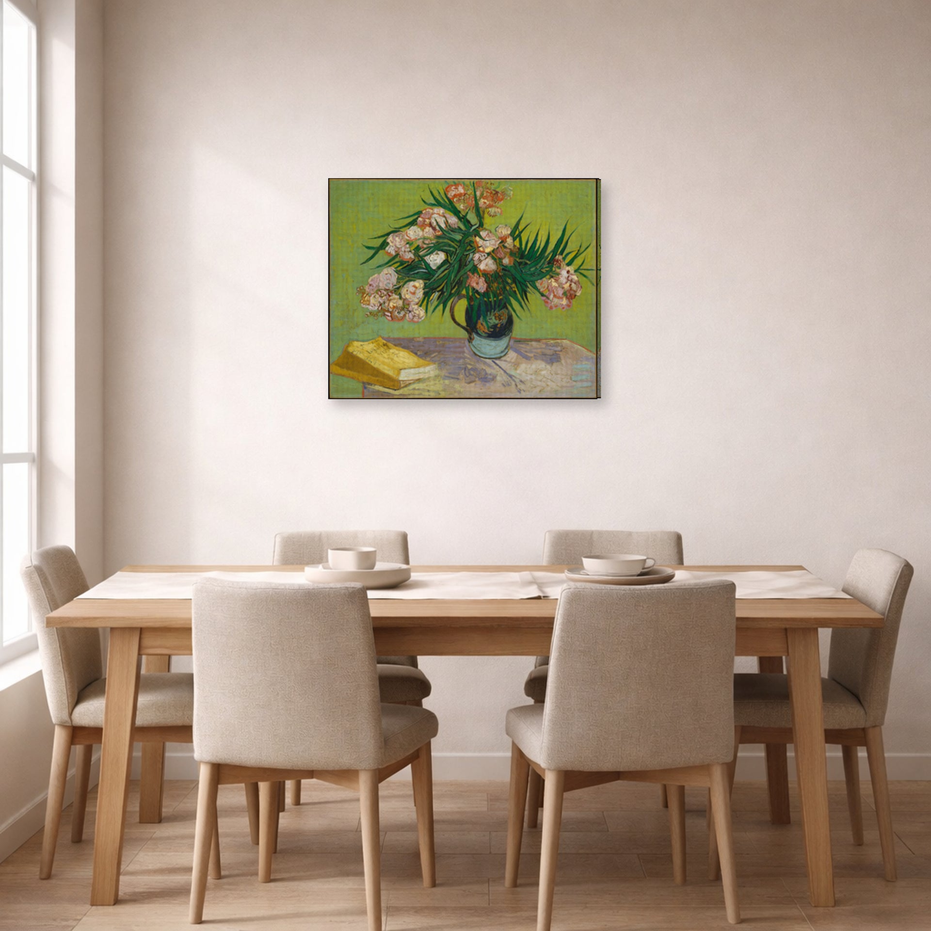 Gallery-wrapped canvas print of Vincent van Gogh's Still Life with Oleander displayed on a wall in a dining room