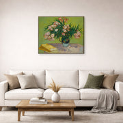 Gallery-wrapped canvas print of Vincent van Gogh's Still Life with Oleander displayed on a wall in a living room