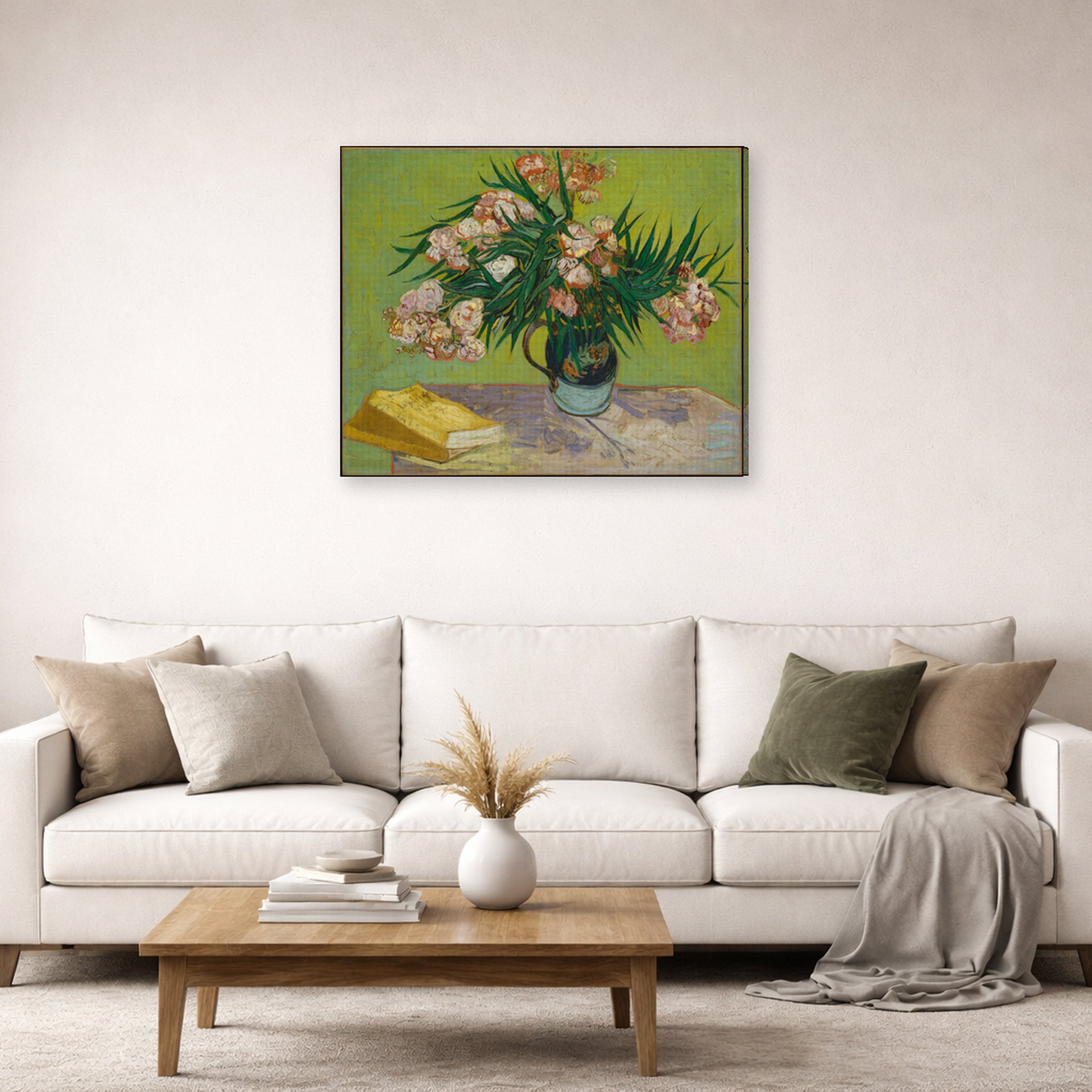 Gallery-wrapped canvas print of Vincent van Gogh's Still Life with Oleander displayed on a wall in a living room