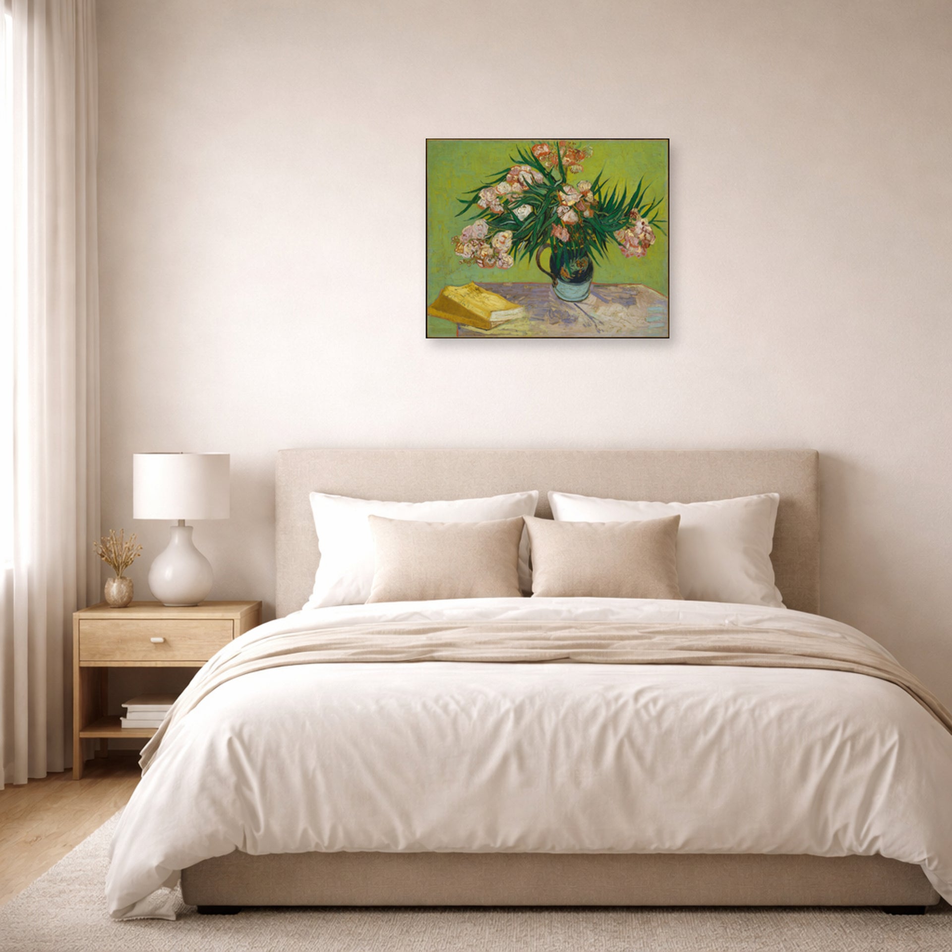 Unframed poster print of Vincent van Gogh's Still Life with Oleander displayed on a wall in a bedroom