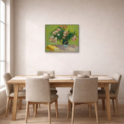 Unframed poster print of Vincent van Gogh's Still Life with Oleander displayed on a wall in a dining room