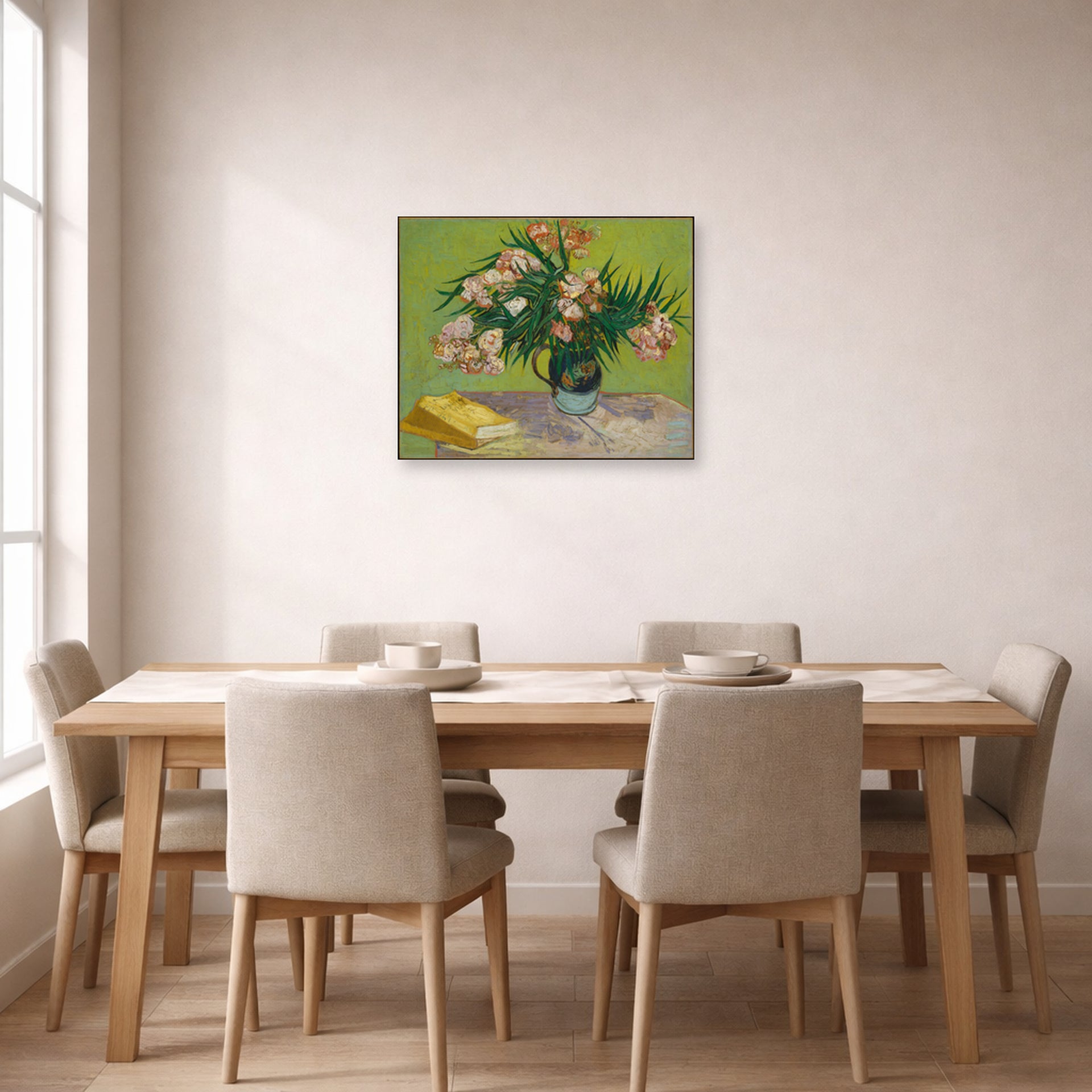 Unframed poster print of Vincent van Gogh's Still Life with Oleander displayed on a wall in a dining room