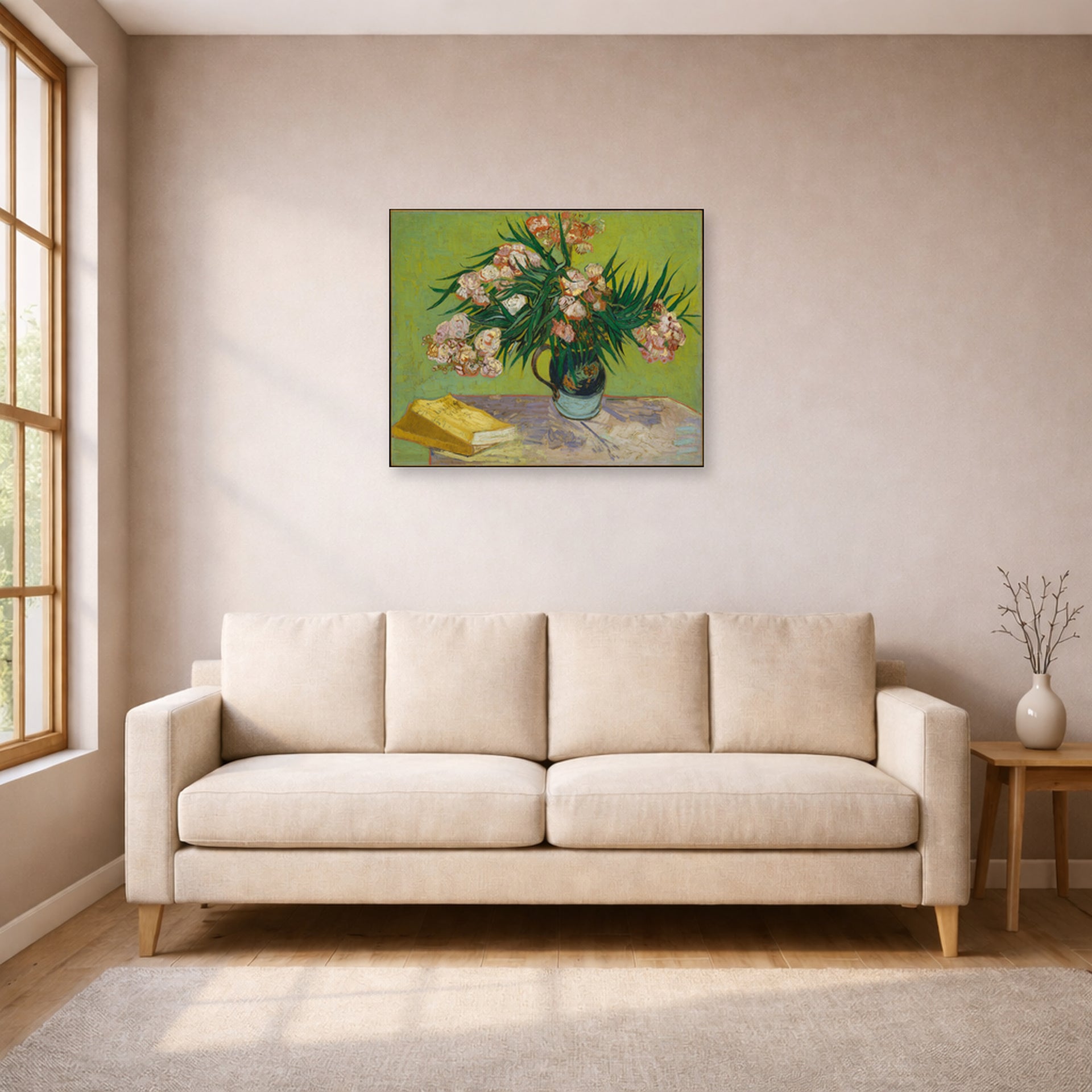 Unframed poster print of Vincent van Gogh's Still Life with Oleander displayed on a wall in a living room
