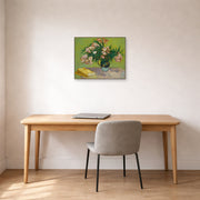 Unframed poster print of Vincent van Gogh's Still Life with Oleander displayed on a wall in a home office