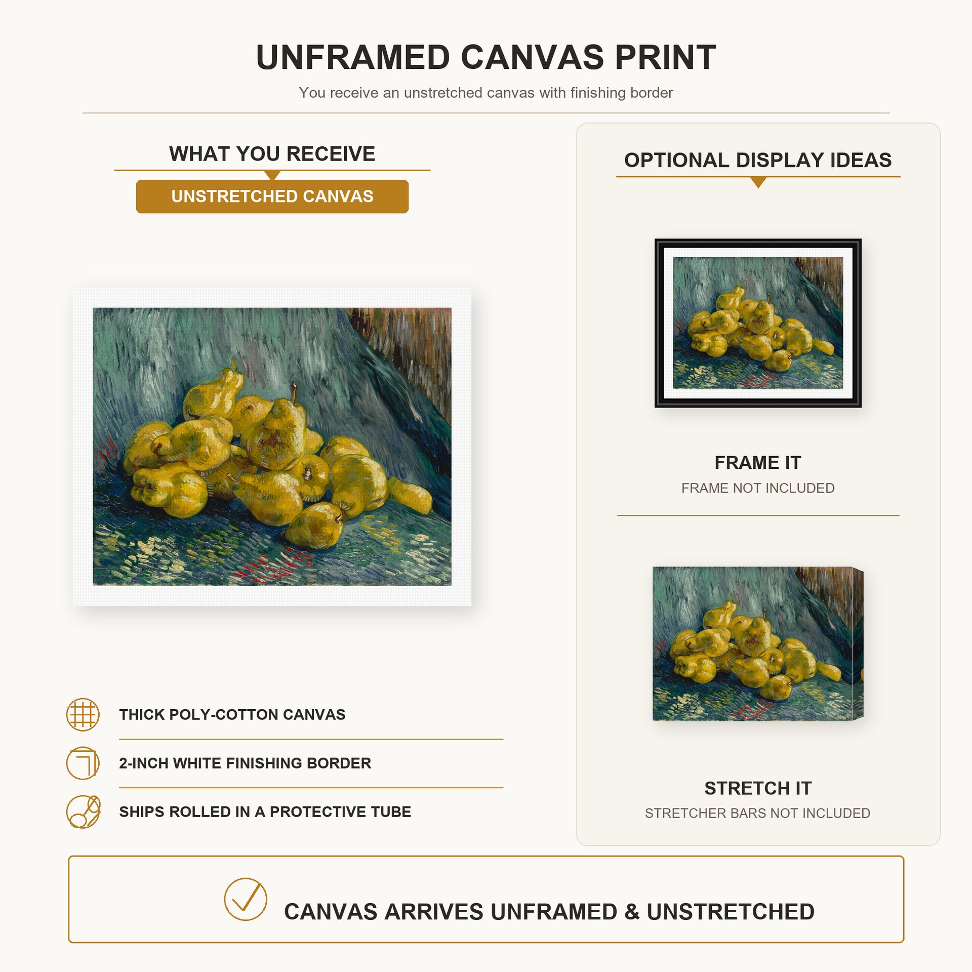 Vincent van Gogh - Still Life with Quinces Pears canvas print size comparison and framing display infographic