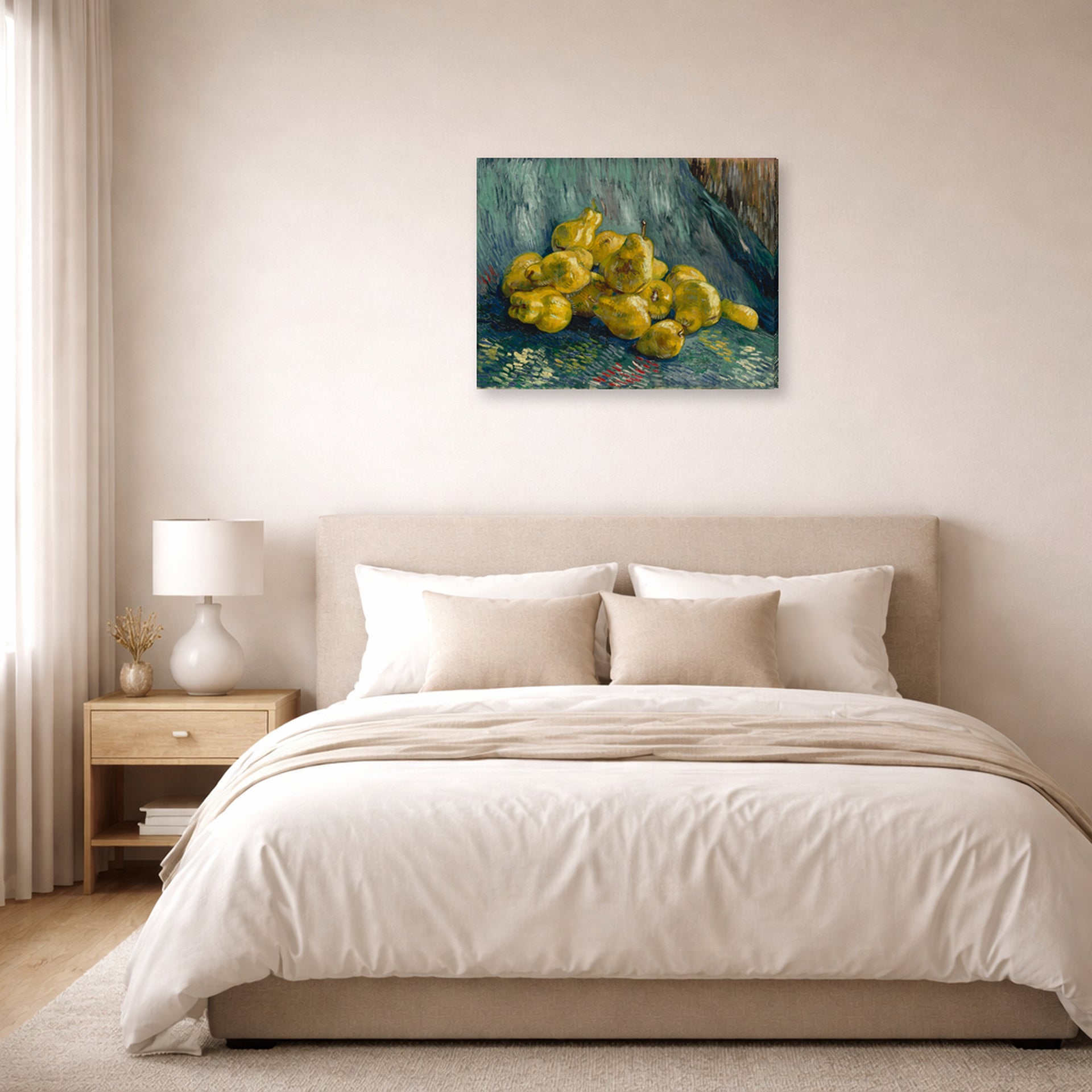 Gallery-wrapped canvas print of Vincent van Gogh's Still Life with Quinces Pears displayed on a wall in a bedroom
