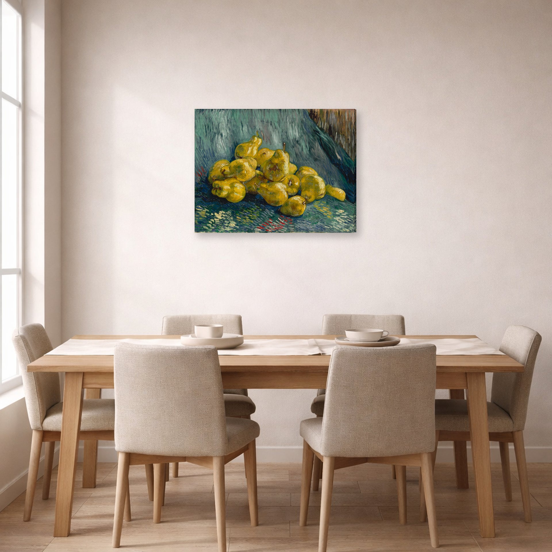 Gallery-wrapped canvas print of Vincent van Gogh's Still Life with Quinces Pears displayed on a wall in a dining room