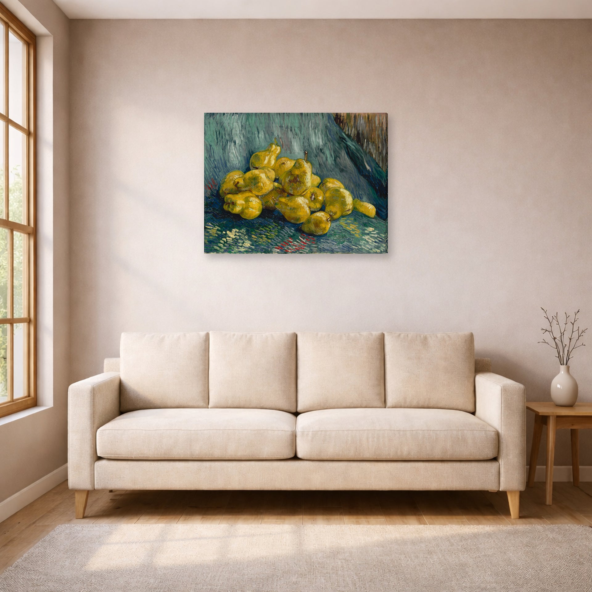 Gallery-wrapped canvas print of Vincent van Gogh's Still Life with Quinces Pears displayed on a wall in a living room