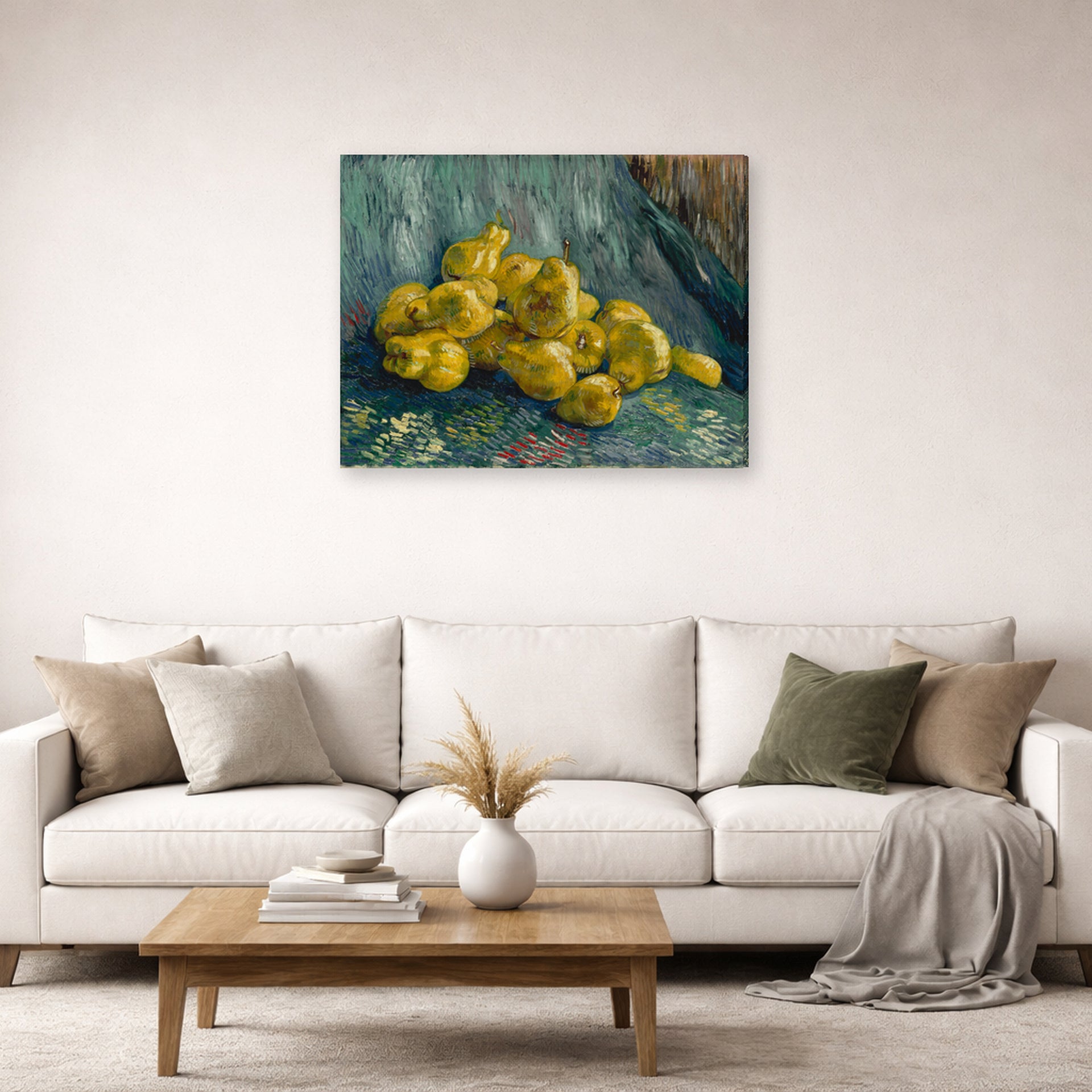 Gallery-wrapped canvas print of Vincent van Gogh's Still Life with Quinces Pears displayed on a wall in a living room