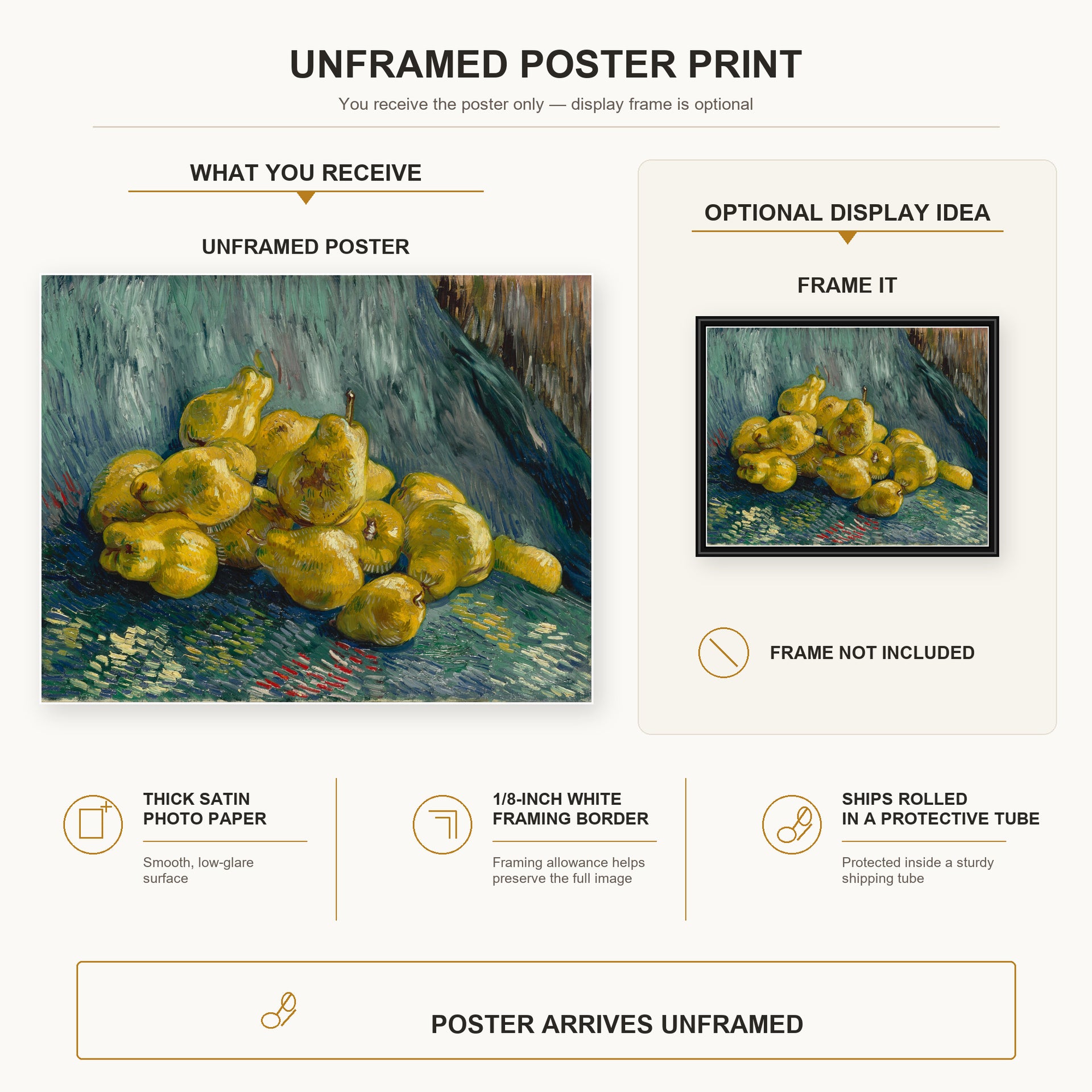 Vincent van Gogh - Still Life with Quinces Pears poster print size comparison and framing display infographic