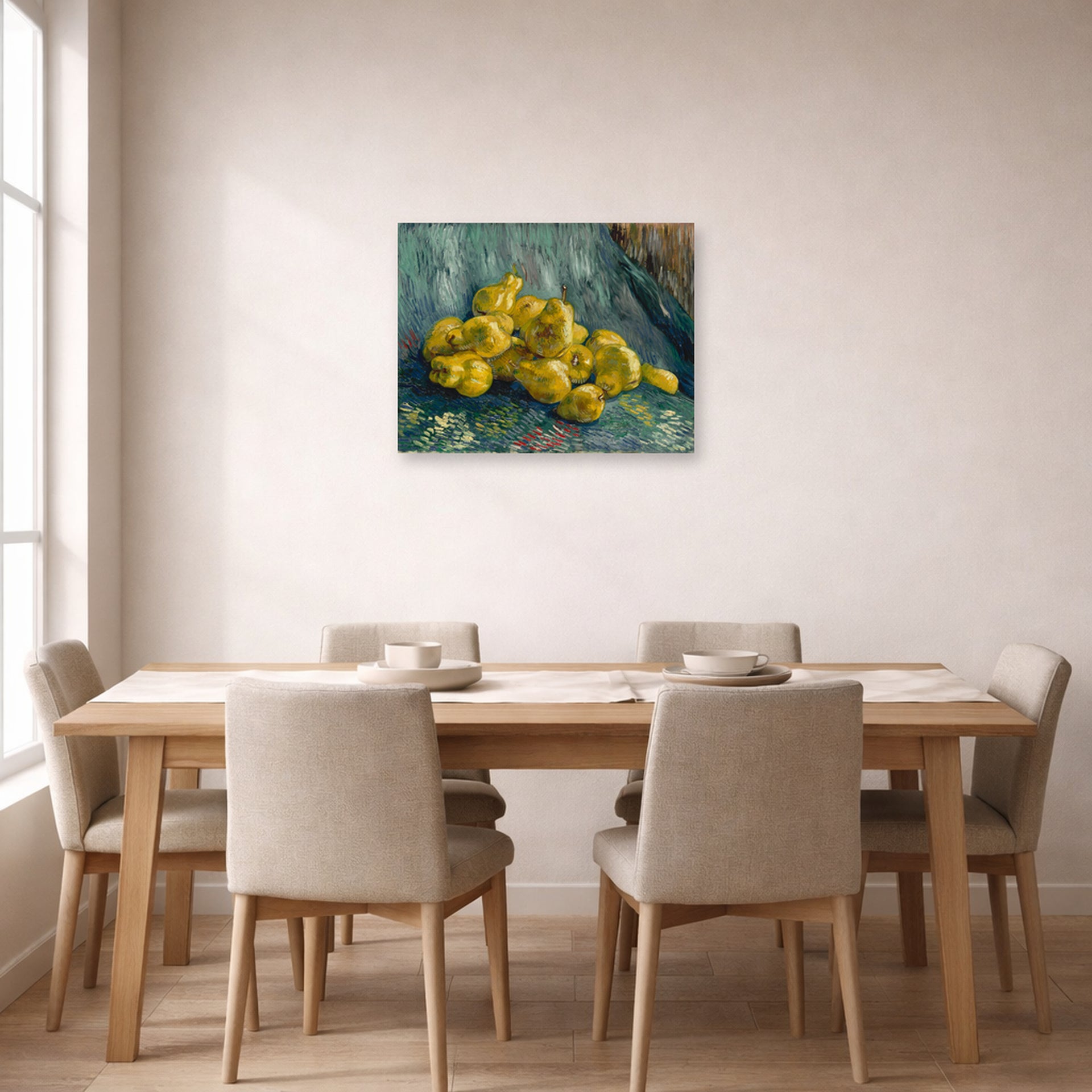 Unframed poster print of Vincent van Gogh's Still Life with Quinces Pears displayed on a wall in a dining room