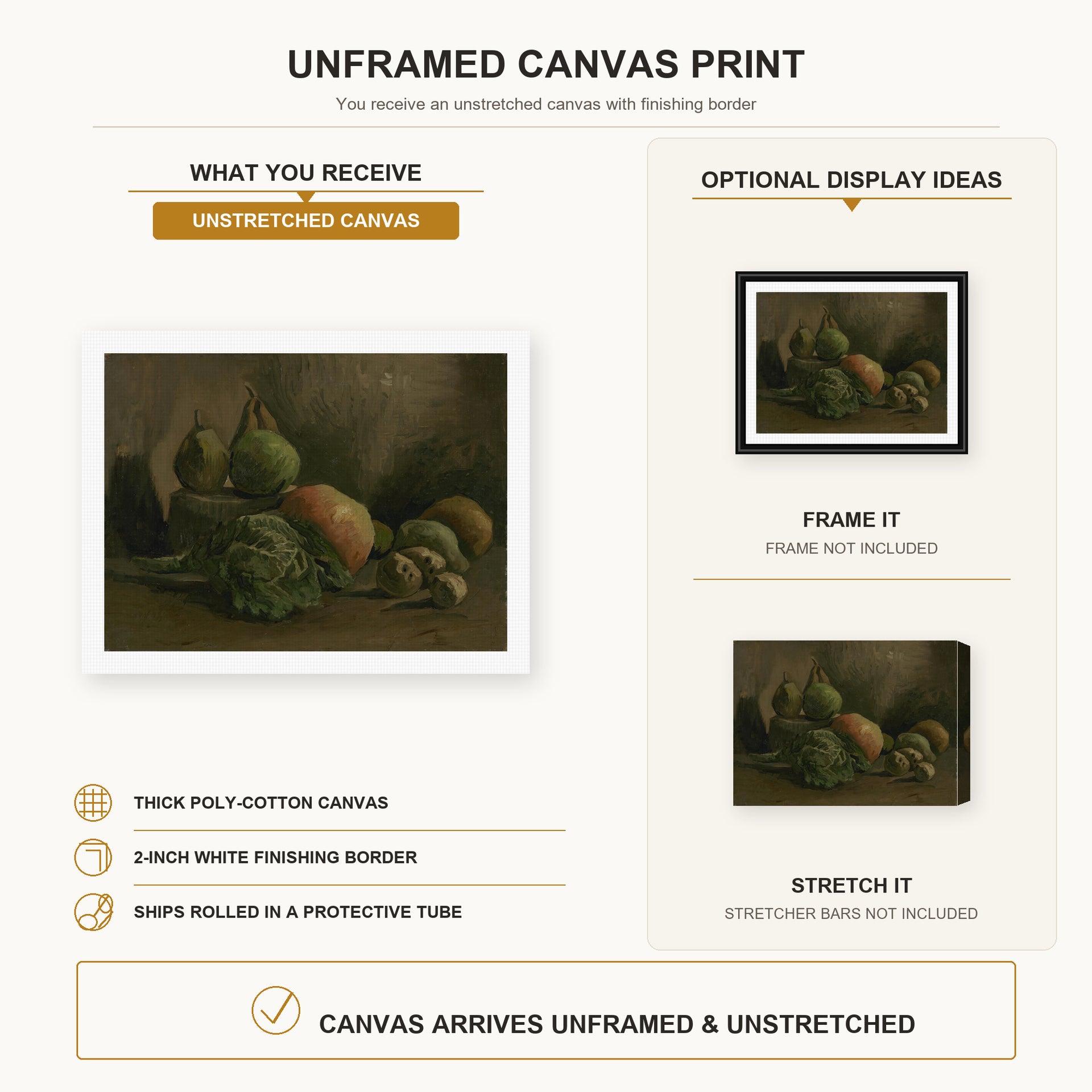 Vincent van Gogh - Still Life with Vegetables and Fruit canvas print size comparison and framing display infographic