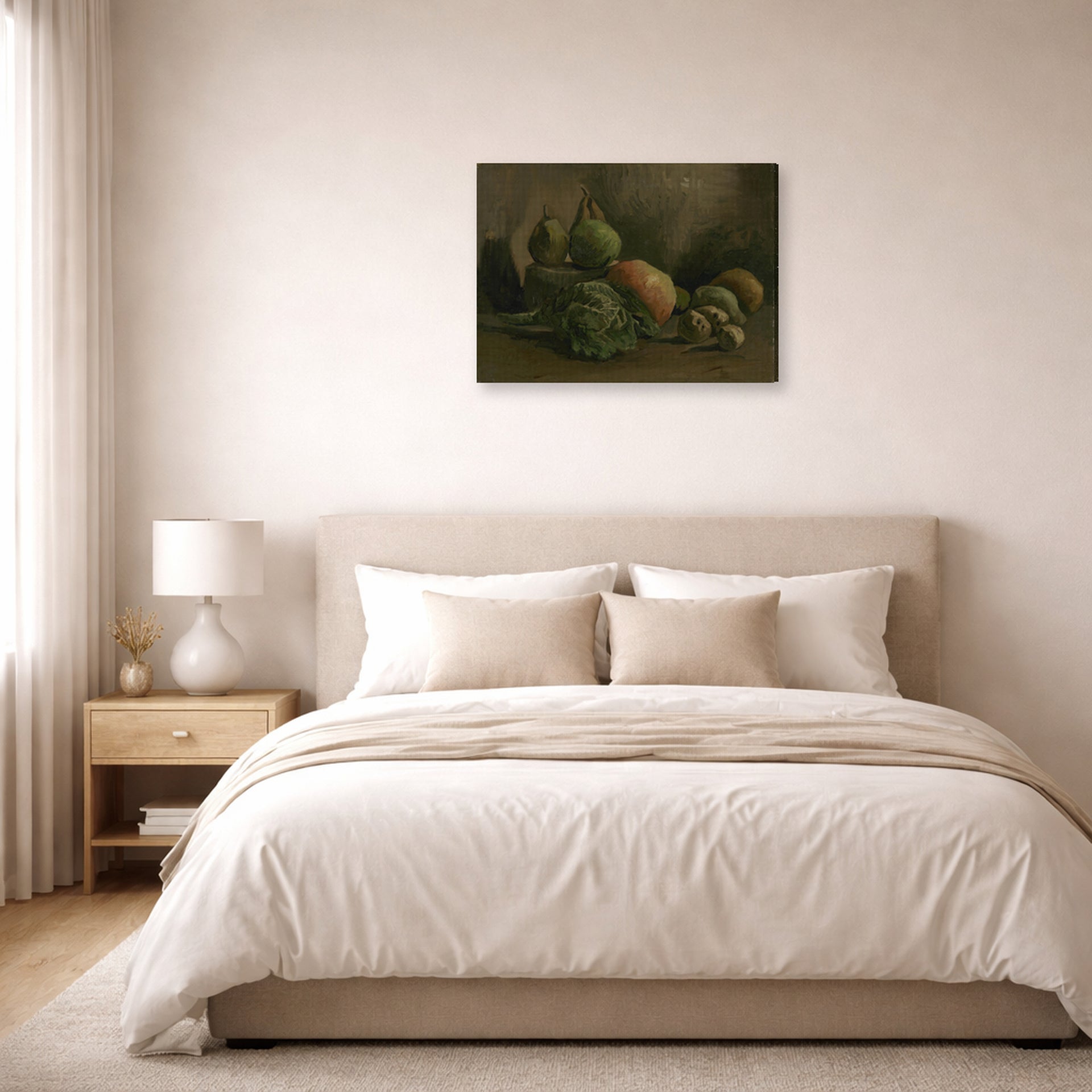Gallery-wrapped canvas print of Vincent van Gogh's Still Life with Vegetables and Fruit displayed on a wall in a bedroom