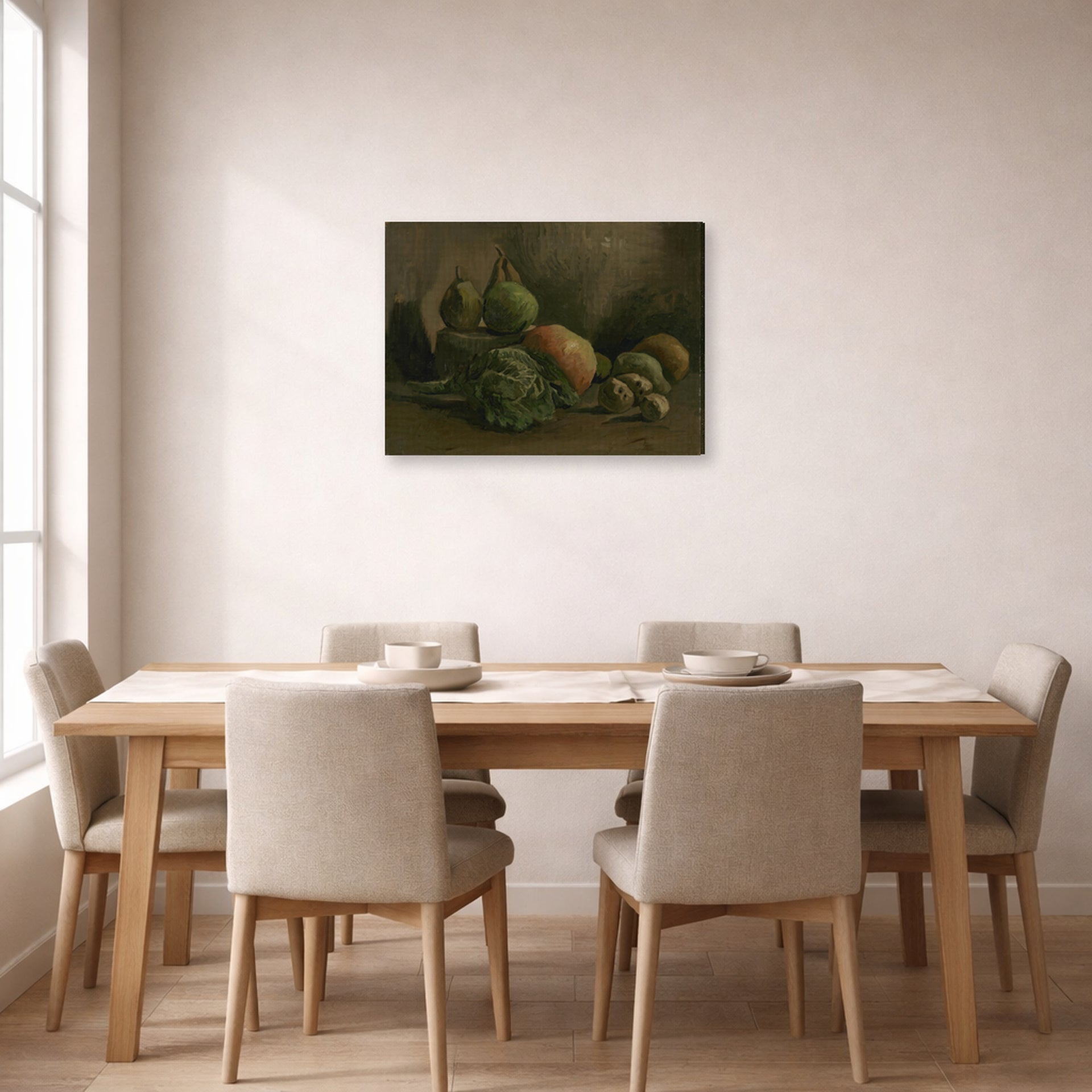 Gallery-wrapped canvas print of Vincent van Gogh's Still Life with Vegetables and Fruit displayed on a wall in a dining room