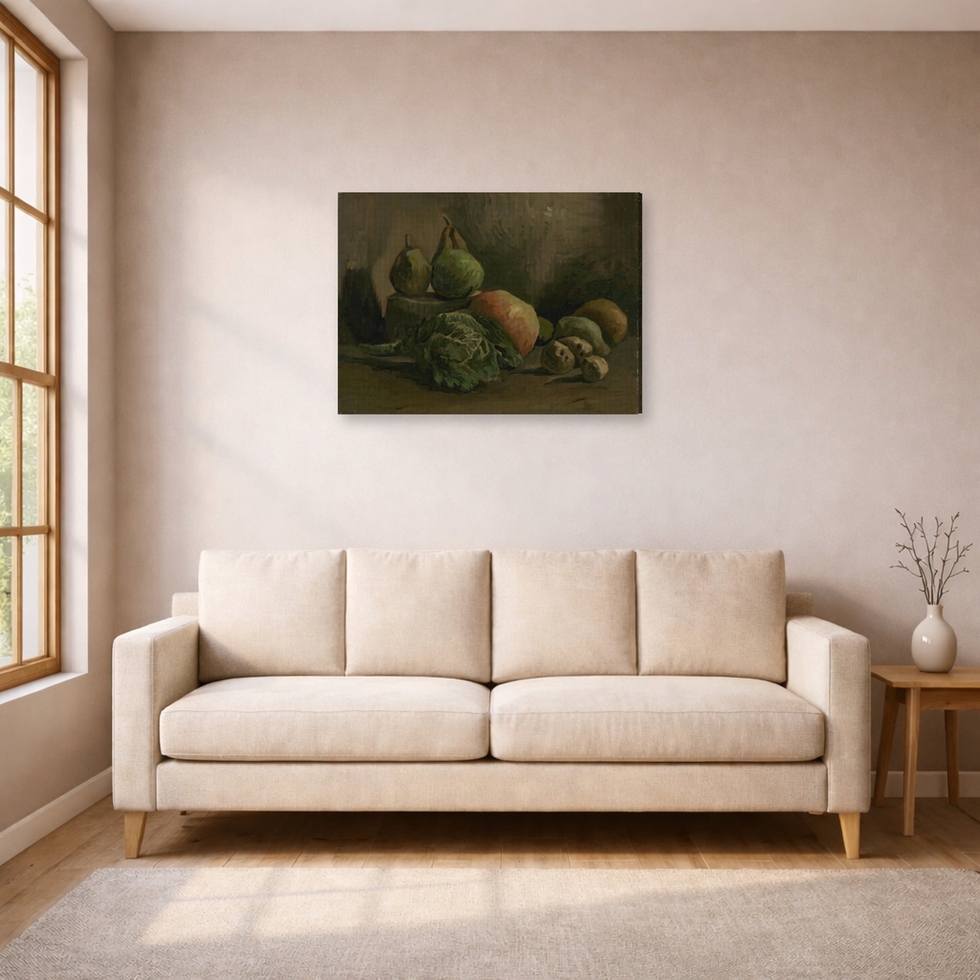 Gallery-wrapped canvas print of Vincent van Gogh's Still Life with Vegetables and Fruit displayed on a wall in a living room