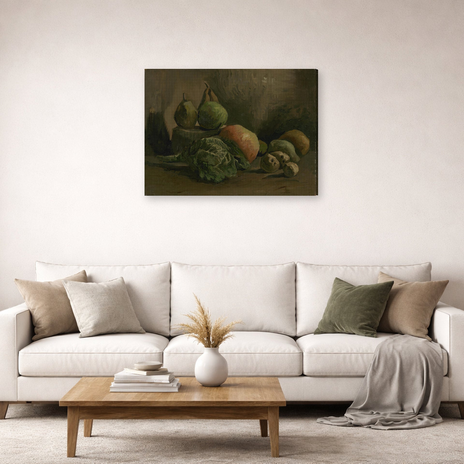 Gallery-wrapped canvas print of Vincent van Gogh's Still Life with Vegetables and Fruit displayed on a wall in a living room