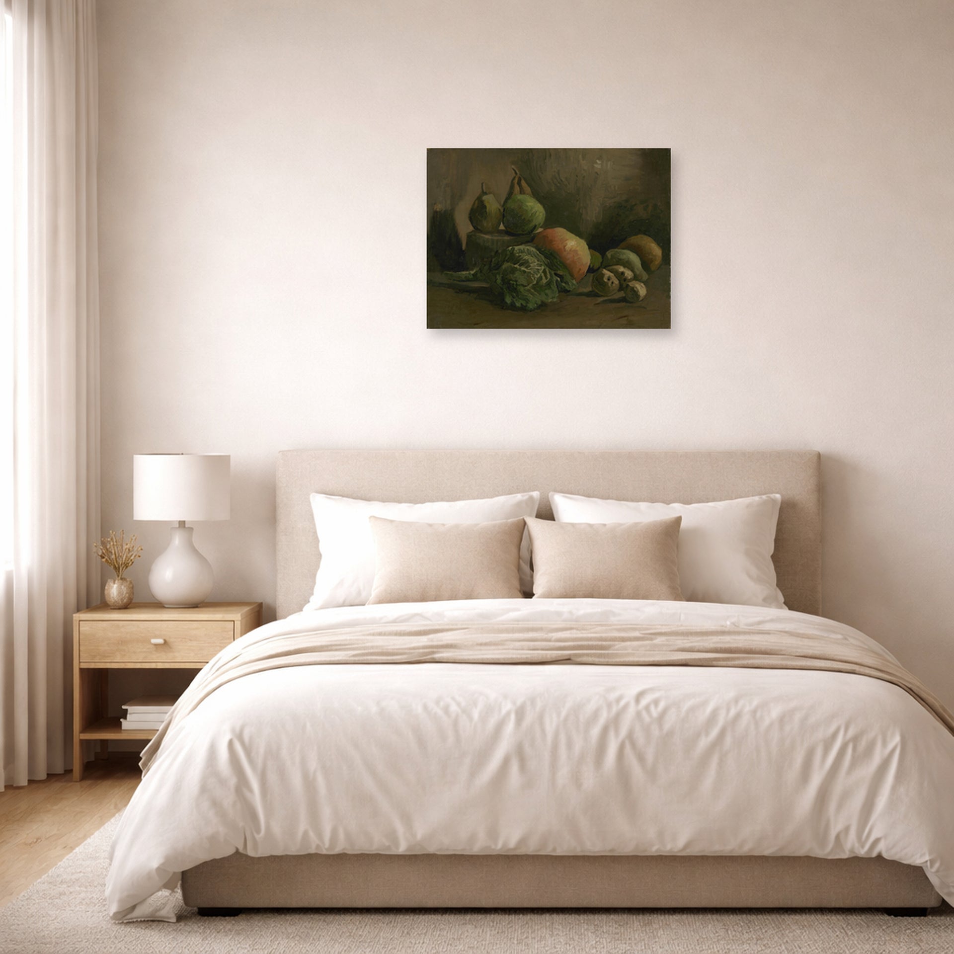 Unframed poster print of Vincent van Gogh's Still Life with Vegetables and Fruit displayed on a wall in a bedroom