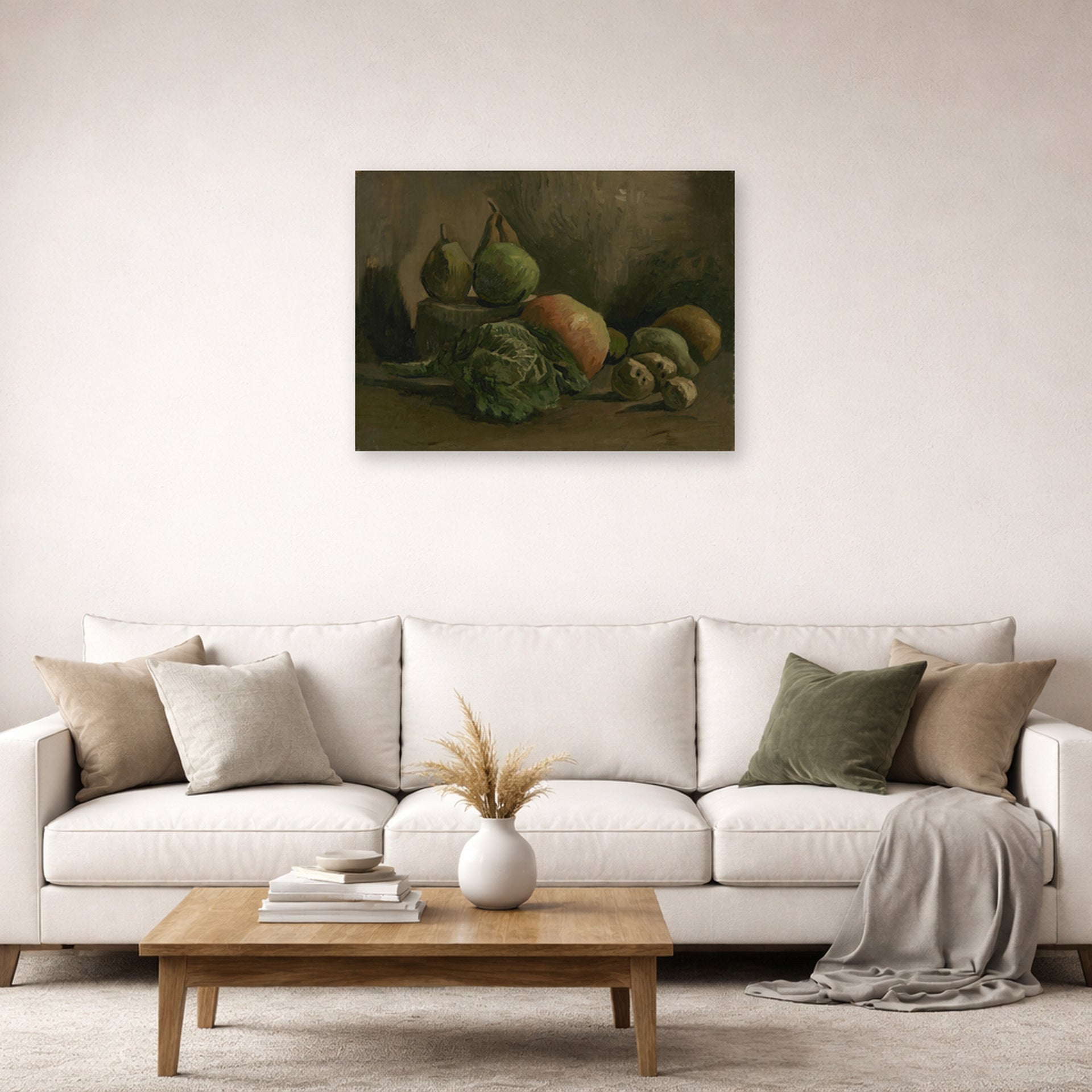 Unframed poster print of Vincent van Gogh's Still Life with Vegetables and Fruit displayed on a wall in a living room