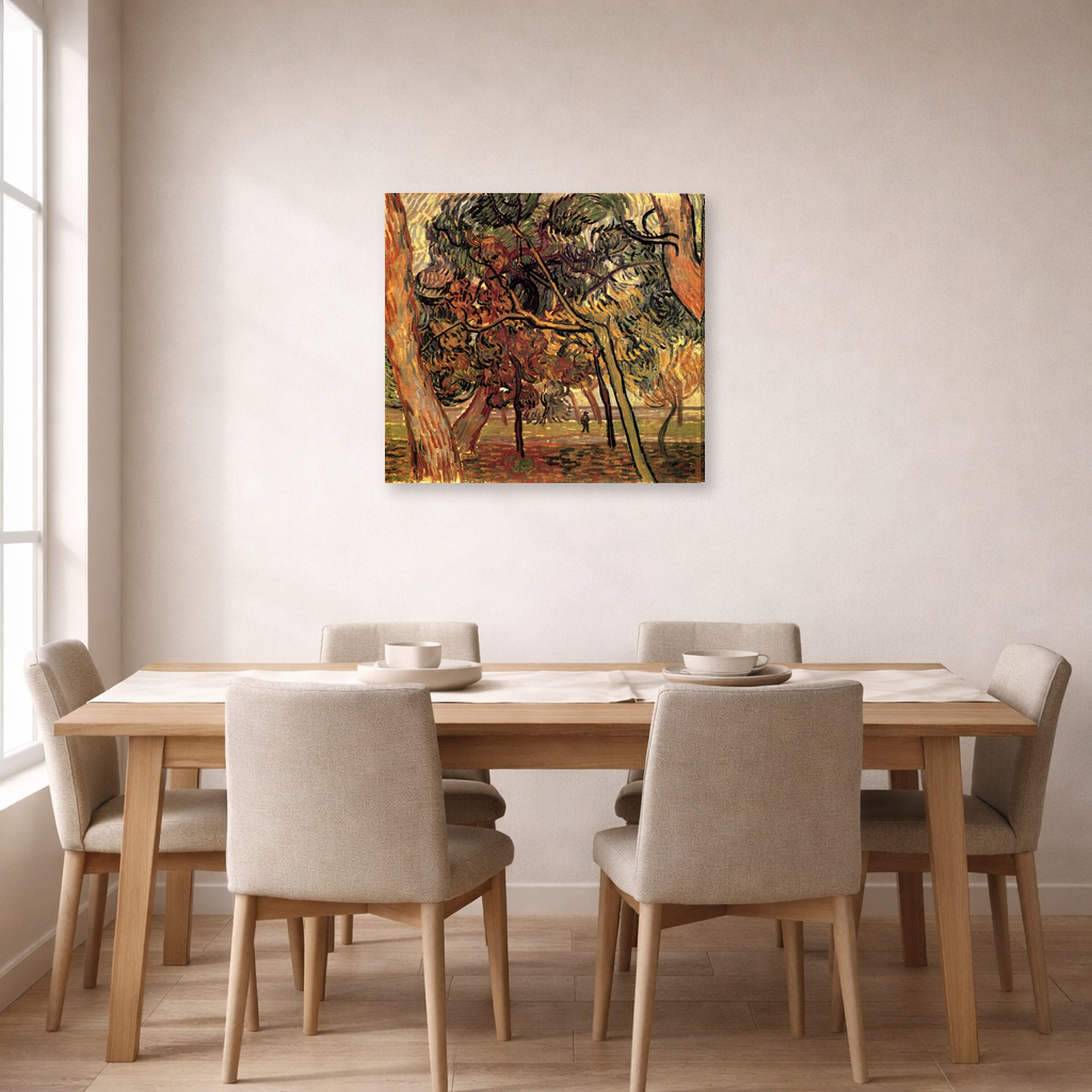 Gallery-wrapped canvas print of Vincent van Gogh's Study of Pine Trees displayed on a wall in a dining room