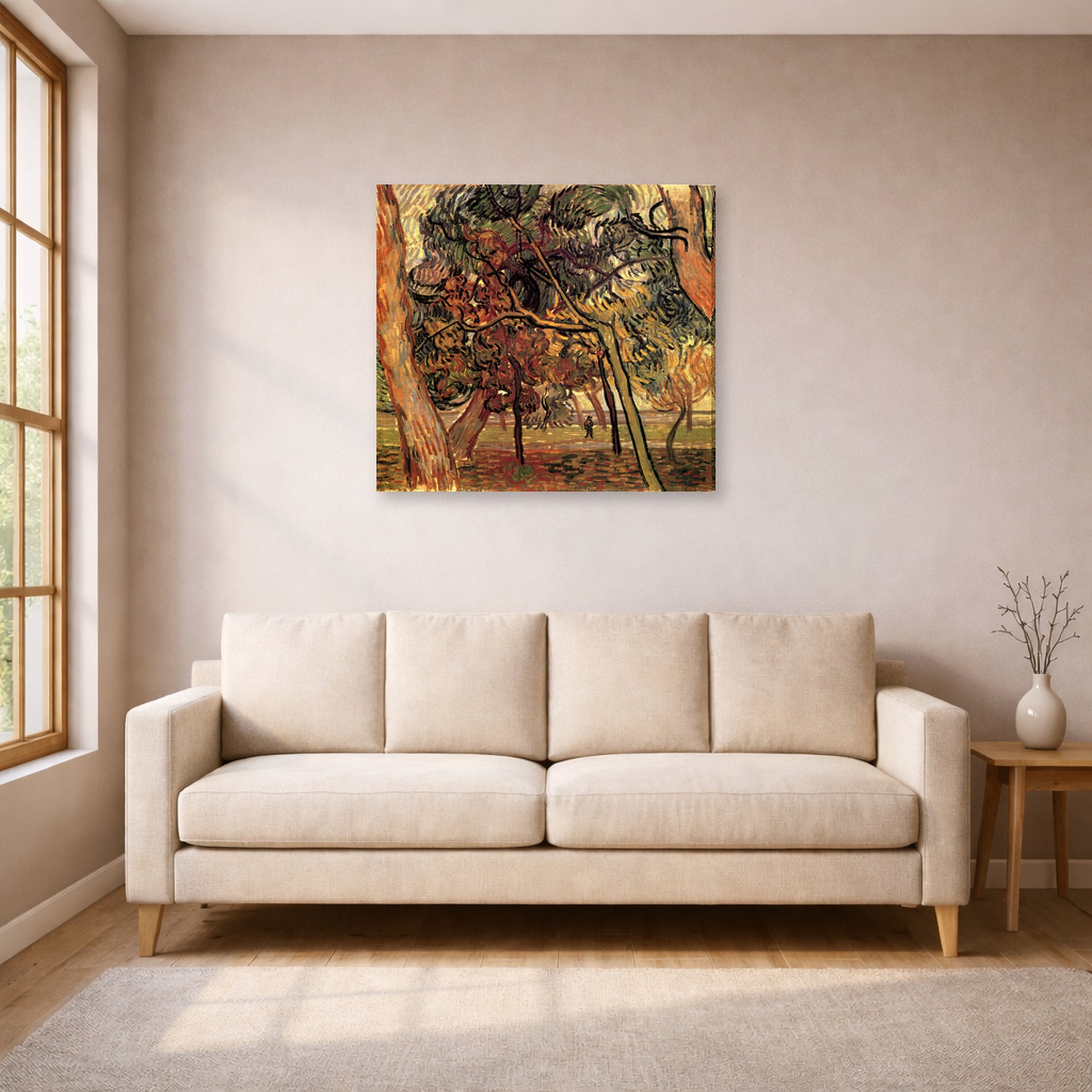 Gallery-wrapped canvas print of Vincent van Gogh's Study of Pine Trees displayed on a wall in a living room