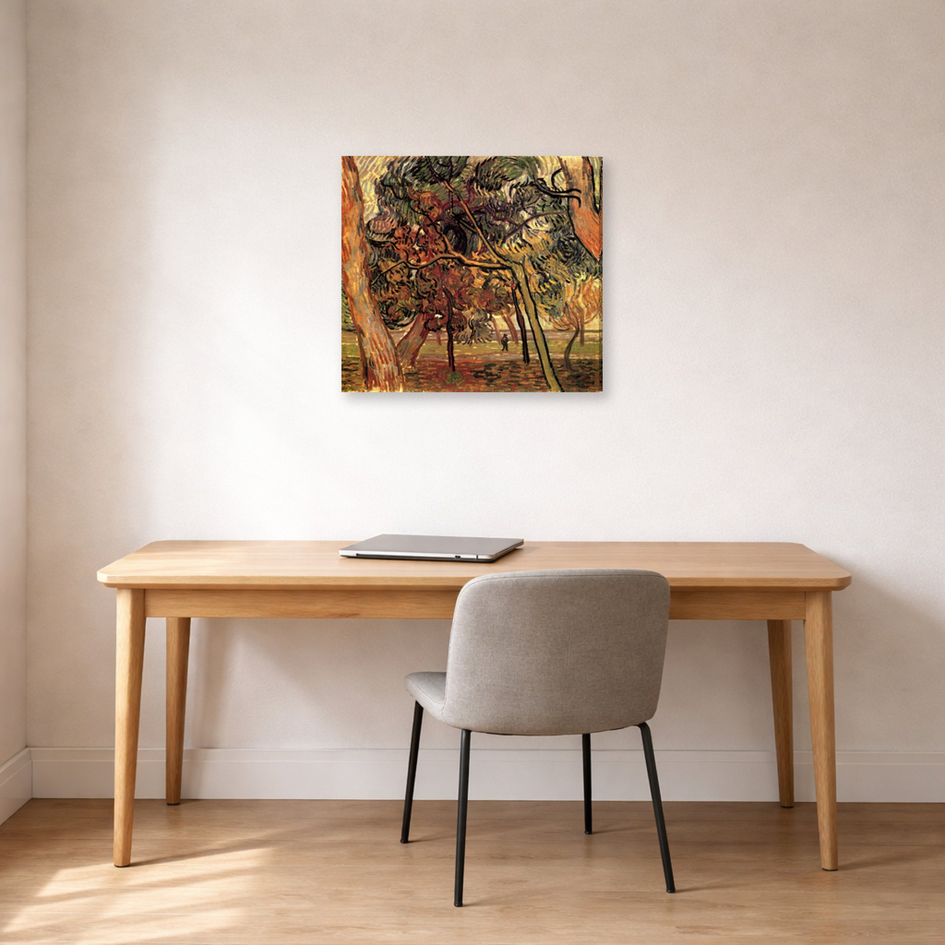 Gallery-wrapped canvas print of Vincent van Gogh's Study of Pine Trees displayed on a wall in a home office