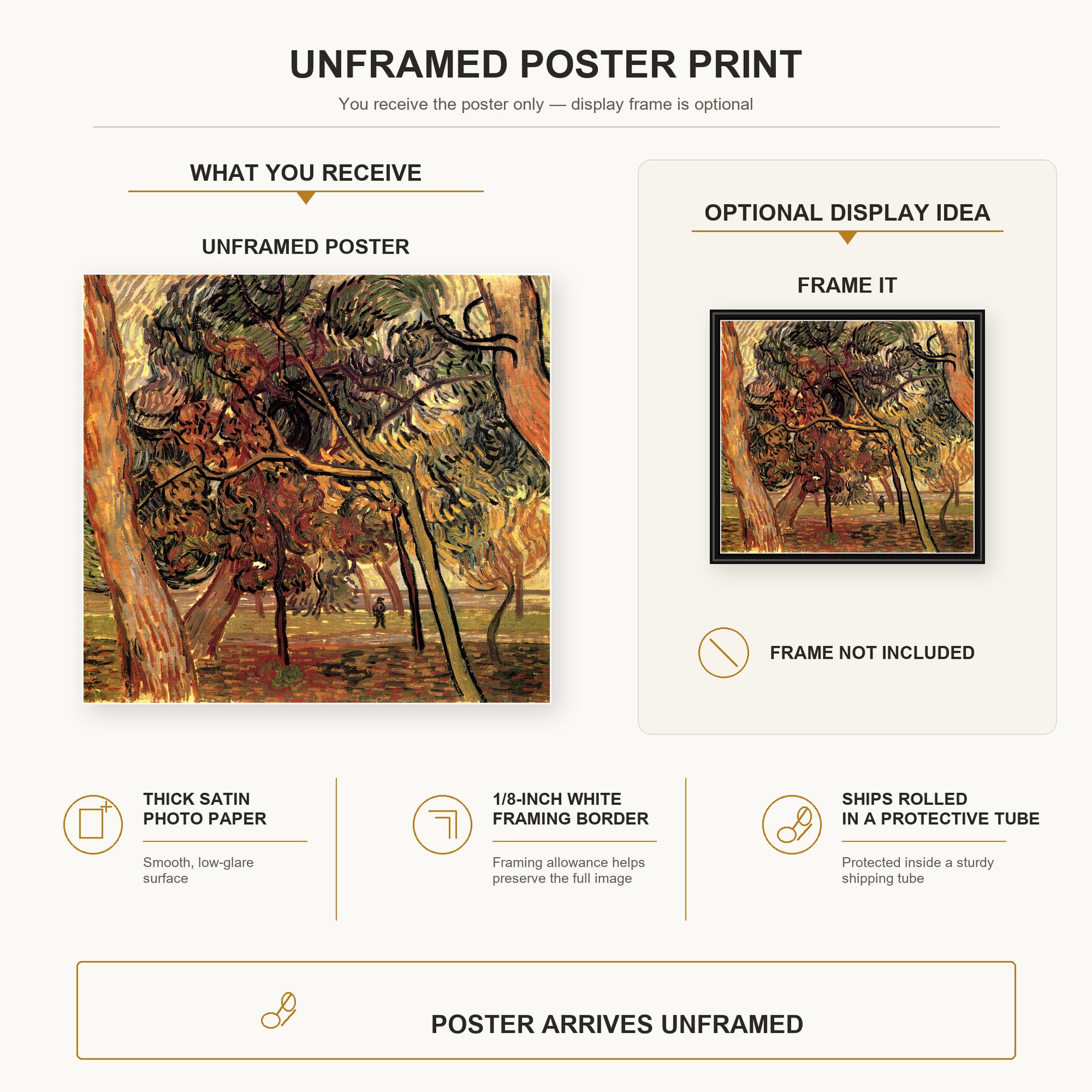 Vincent van Gogh - Study of Pine Trees poster print size comparison and framing display infographic