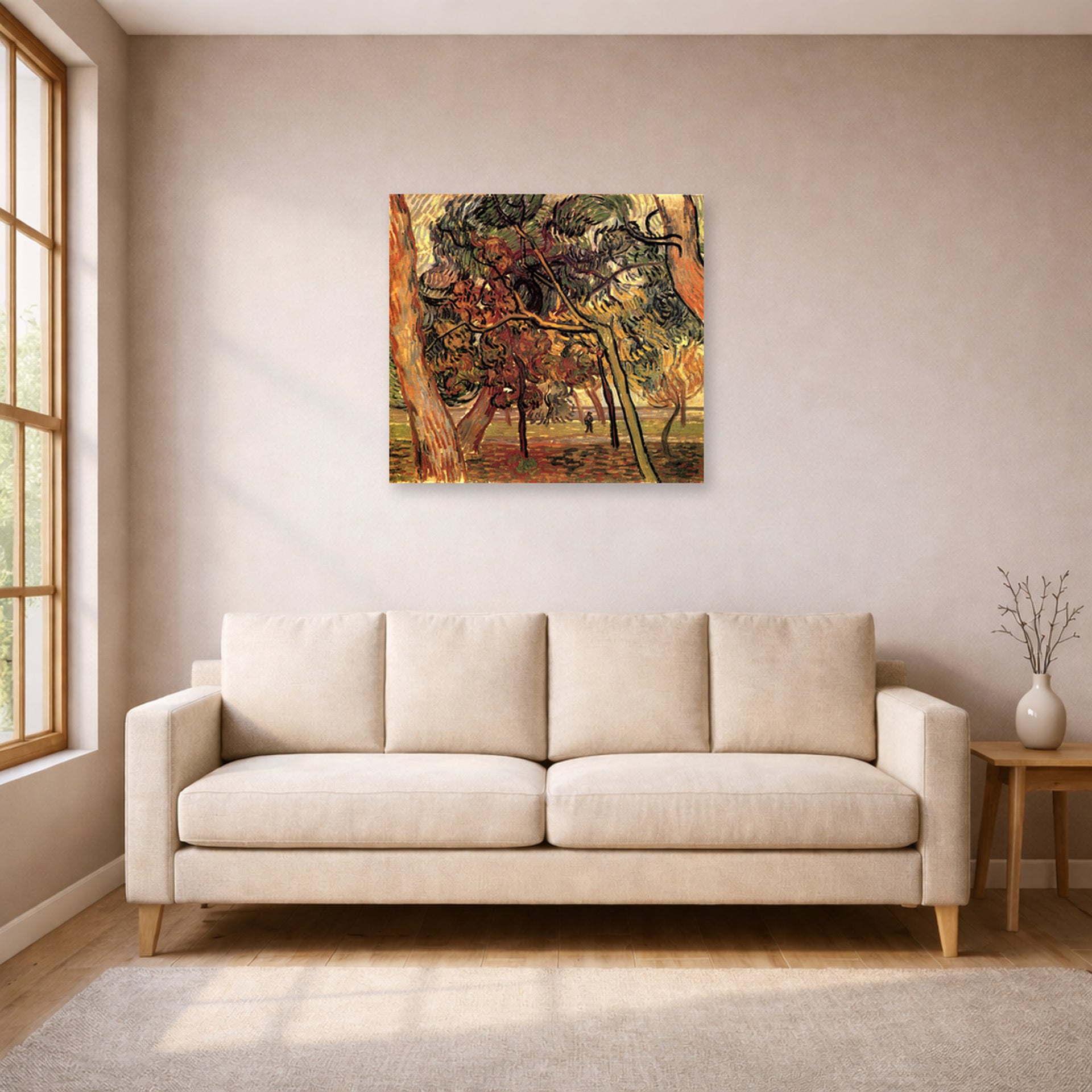 Unframed poster print of Vincent van Gogh's Study of Pine Trees displayed on a wall in a living room