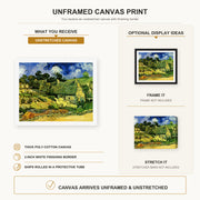 Vincent van Gogh - Thatched Cottages at Cordeville canvas print size comparison and framing display infographic