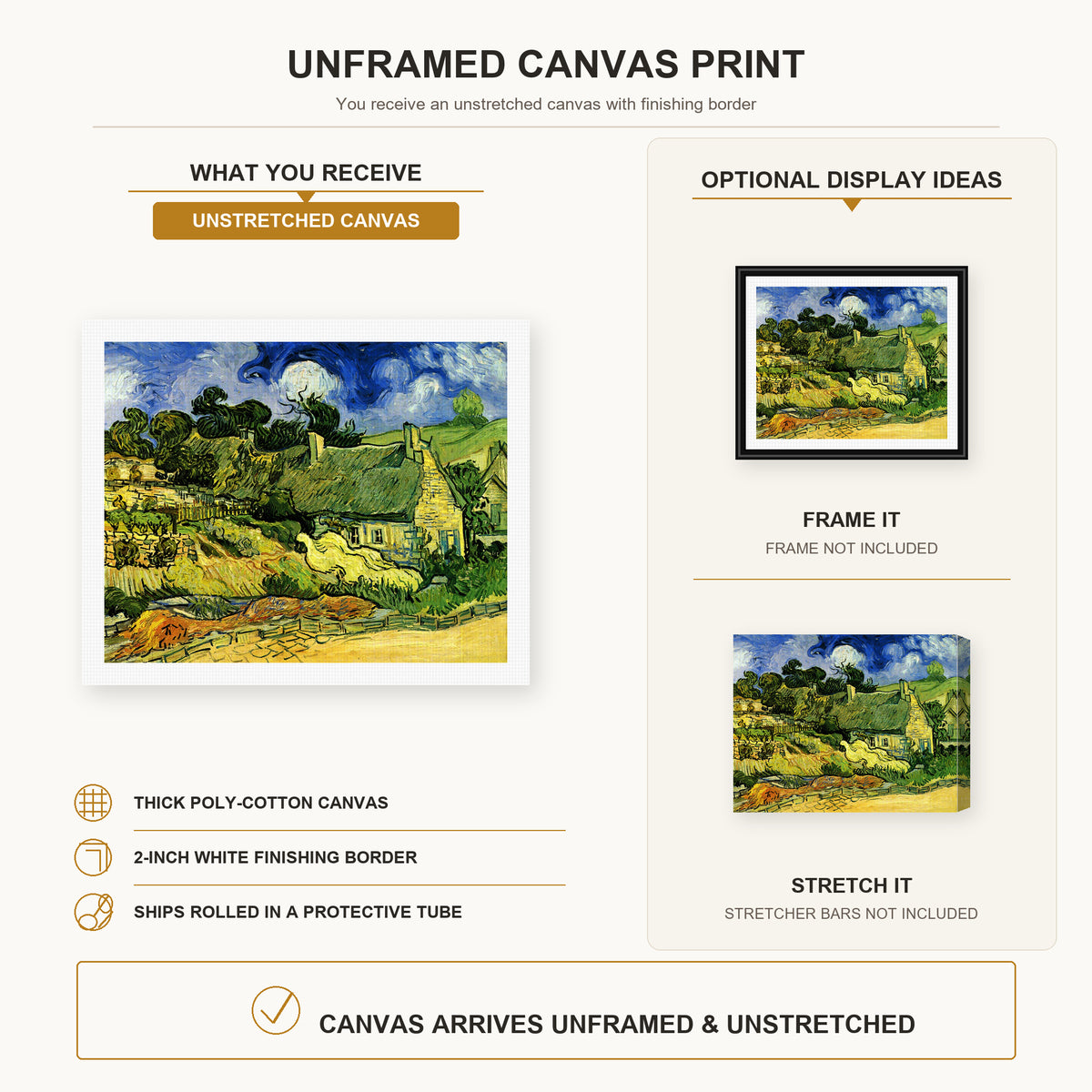 Vincent van Gogh - Thatched Cottages at Cordeville canvas print size comparison and framing display infographic