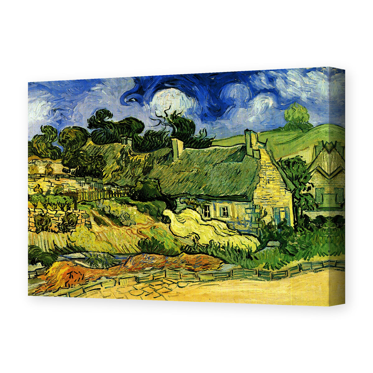 Vincent van Gogh's 'Thatched Cottages at Cordeville' painting reproduced as a gallery-wrapped canvas print