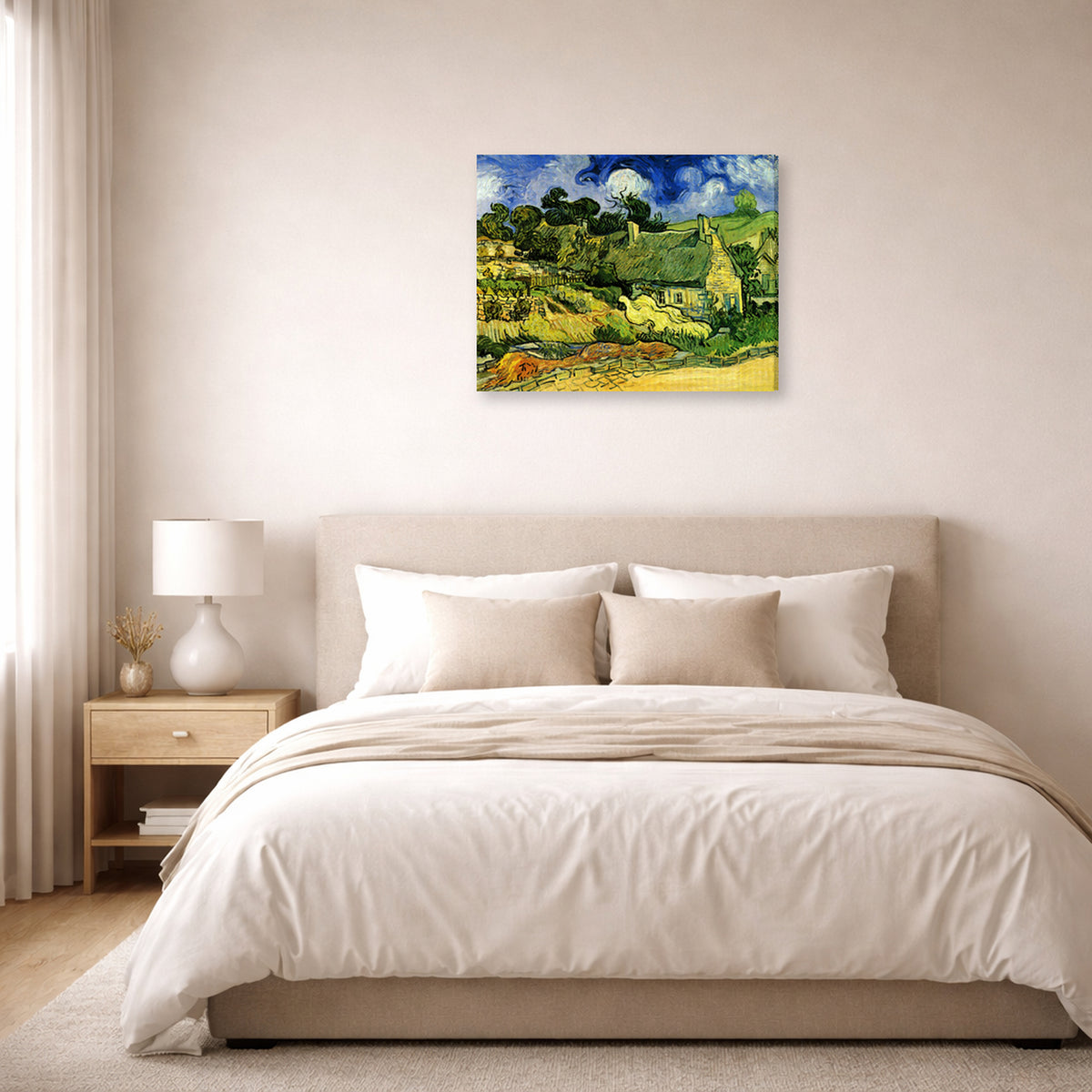 Gallery-wrapped canvas print of Vincent van Gogh's Thatched Cottages at Cordeville displayed on a wall in a bedroom