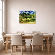 Gallery-wrapped canvas print of Vincent van Gogh's Thatched Cottages at Cordeville displayed on a wall in a dining room