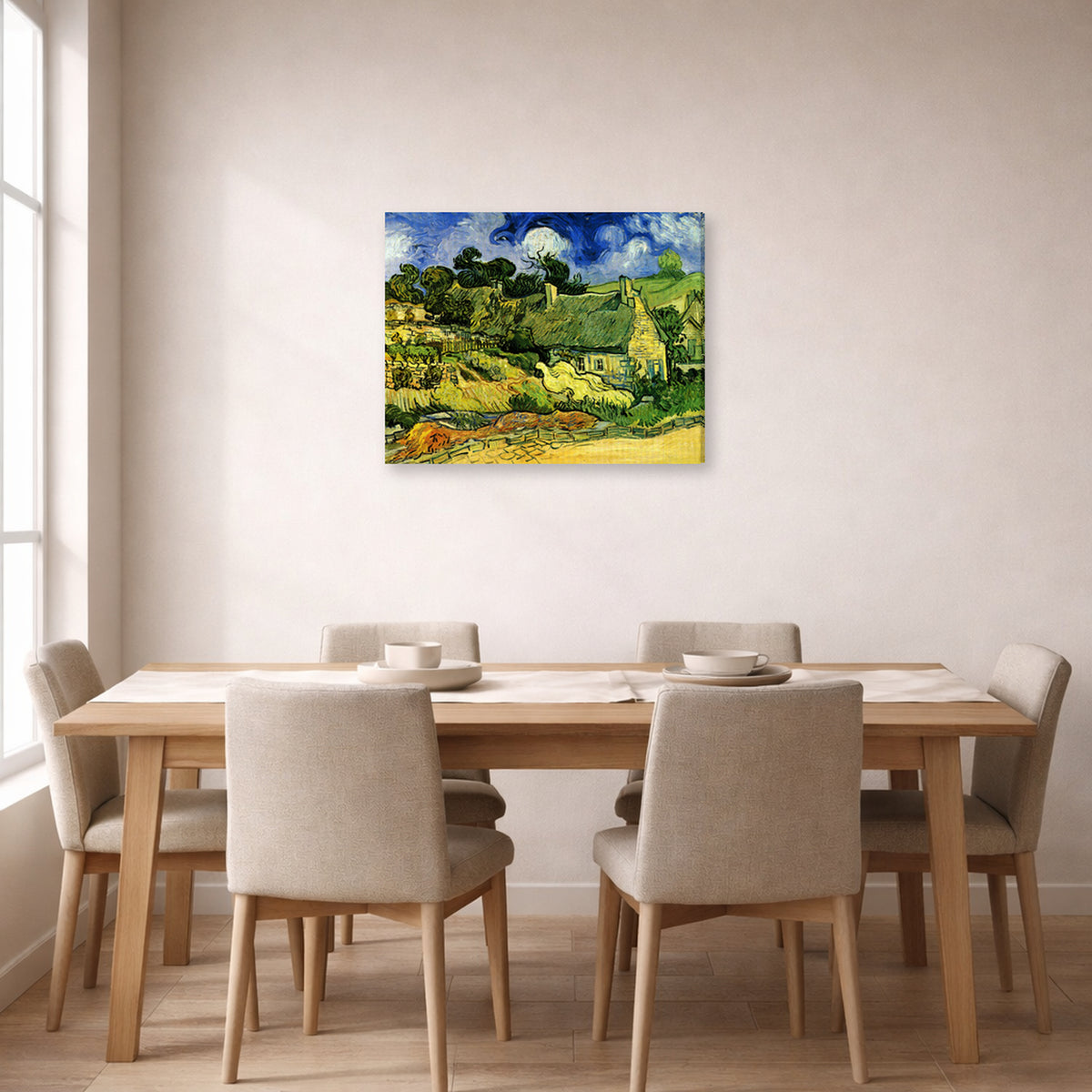 Gallery-wrapped canvas print of Vincent van Gogh's Thatched Cottages at Cordeville displayed on a wall in a dining room