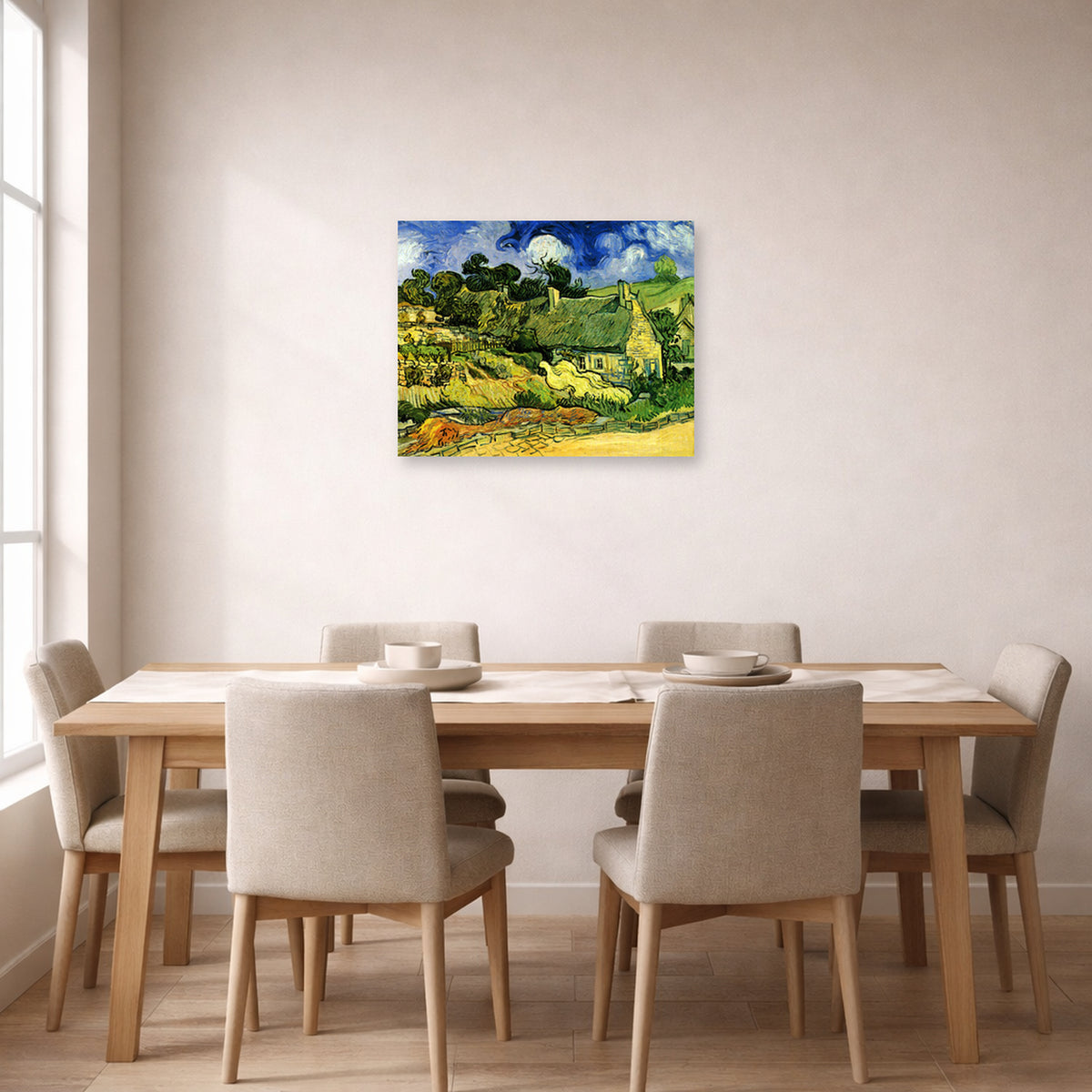 Unframed poster print of Vincent van Gogh's Thatched Cottages at Cordeville displayed on a wall in a dining room