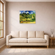 Unframed poster print of Vincent van Gogh's Thatched Cottages at Cordeville displayed on a wall in a living room