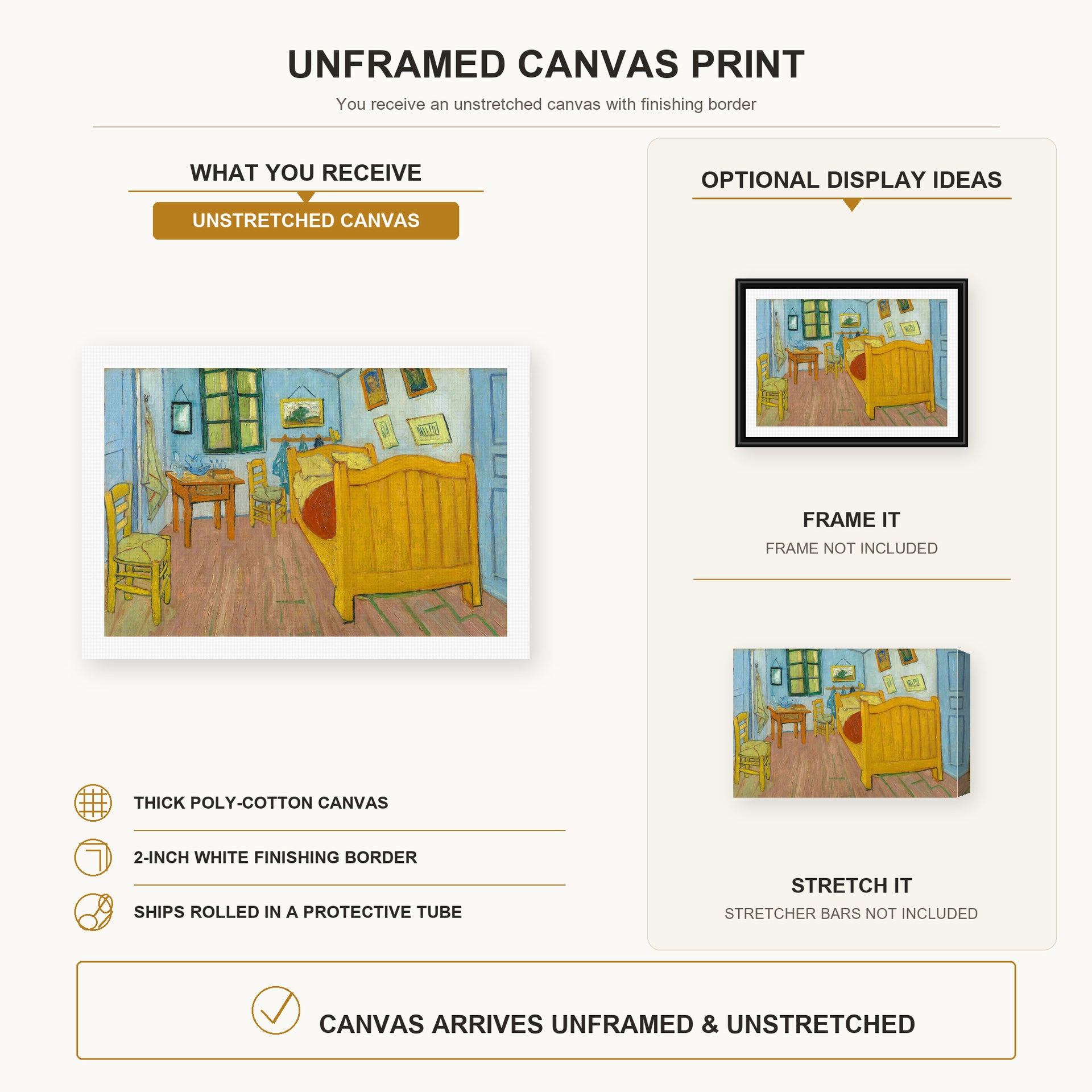 Vincent van Gogh - The Bedroom canvas print size comparison and framing display infographic