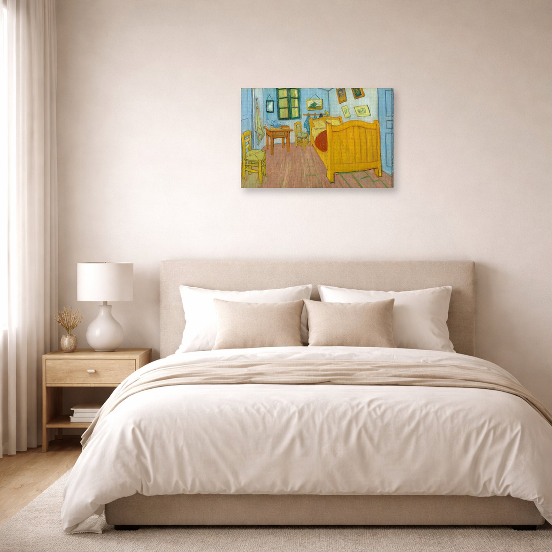 Gallery-wrapped canvas print of Vincent van Gogh's The Bedroom displayed on a wall in a bedroom