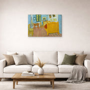 Gallery-wrapped canvas print of Vincent van Gogh's The Bedroom displayed on a wall in a bedroom