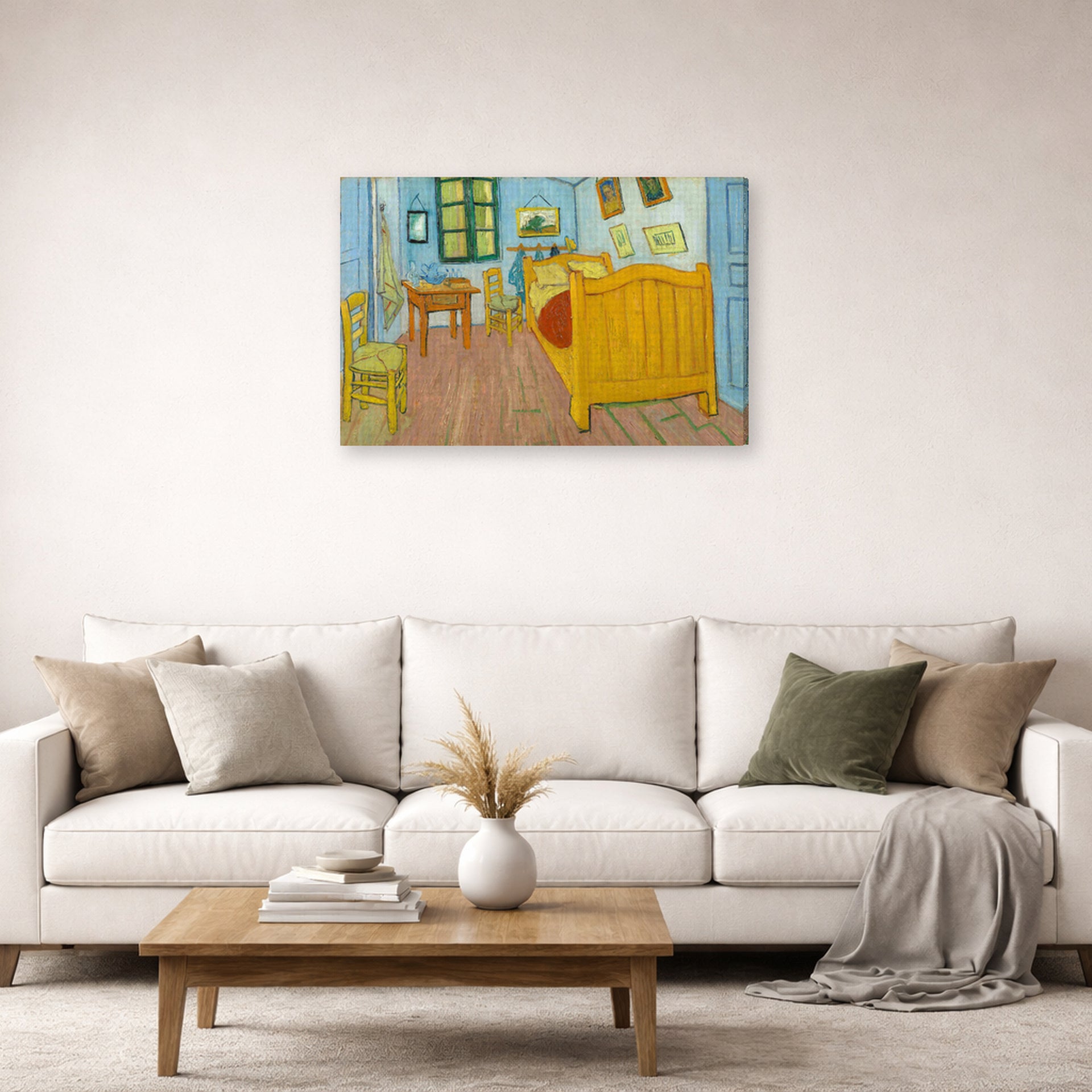 Gallery-wrapped canvas print of Vincent van Gogh's The Bedroom displayed on a wall in a bedroom