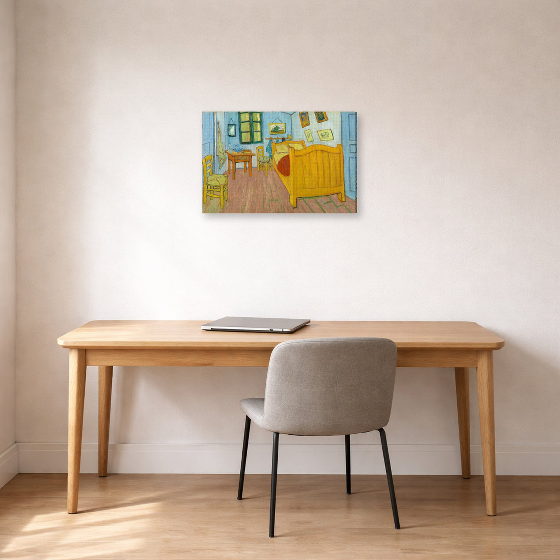 Gallery-wrapped canvas print of Vincent van Gogh's The Bedroom displayed on a wall in a bedroom