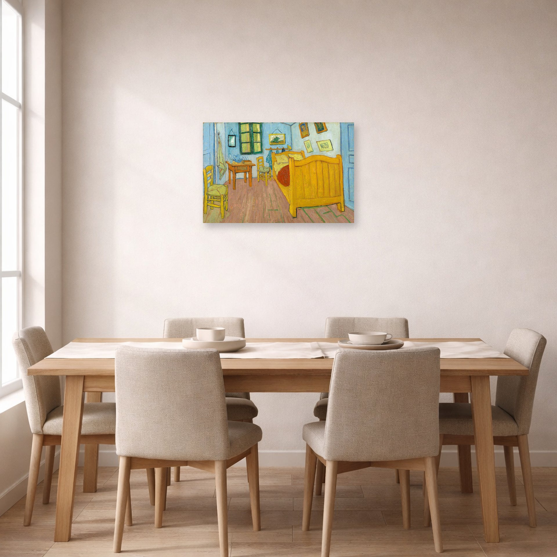 Unframed poster print of Vincent van Gogh's The Bedroom displayed on a wall in a bedroom