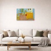 Unframed poster print of Vincent van Gogh's The Bedroom displayed on a wall in a bedroom